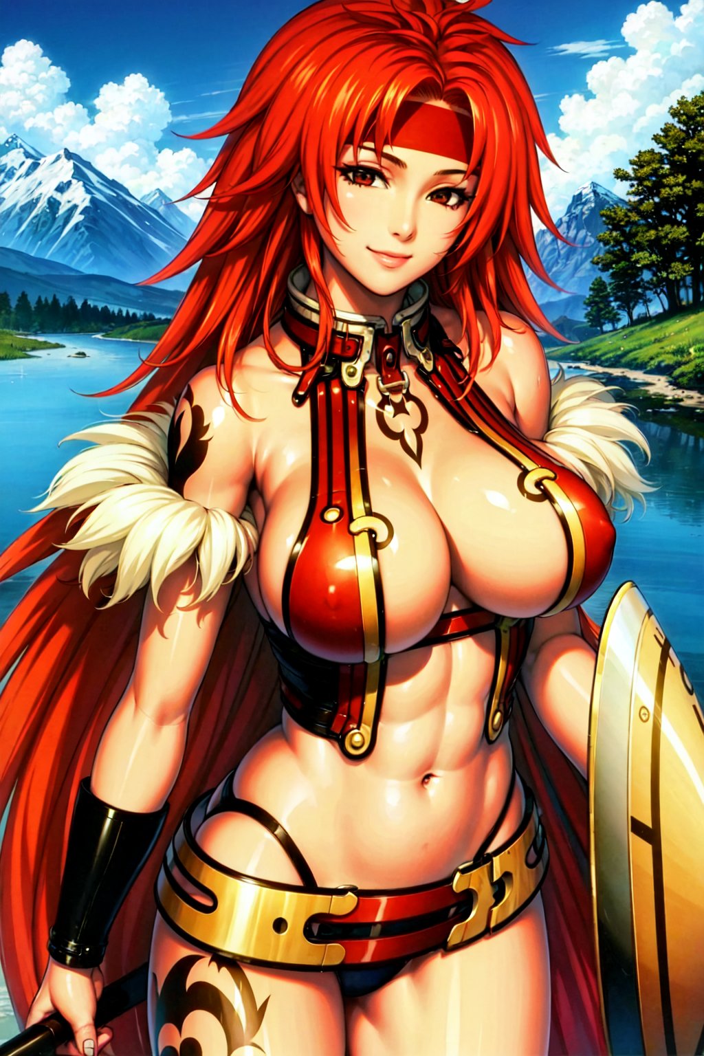 (masterpiece), (best quality), 1girl, Risty, red hair, long hair, large breasts, tattoo, looking at viewer, smiling, headband, cleavage, belt, underwear, shield, weapon, trees and mountains background