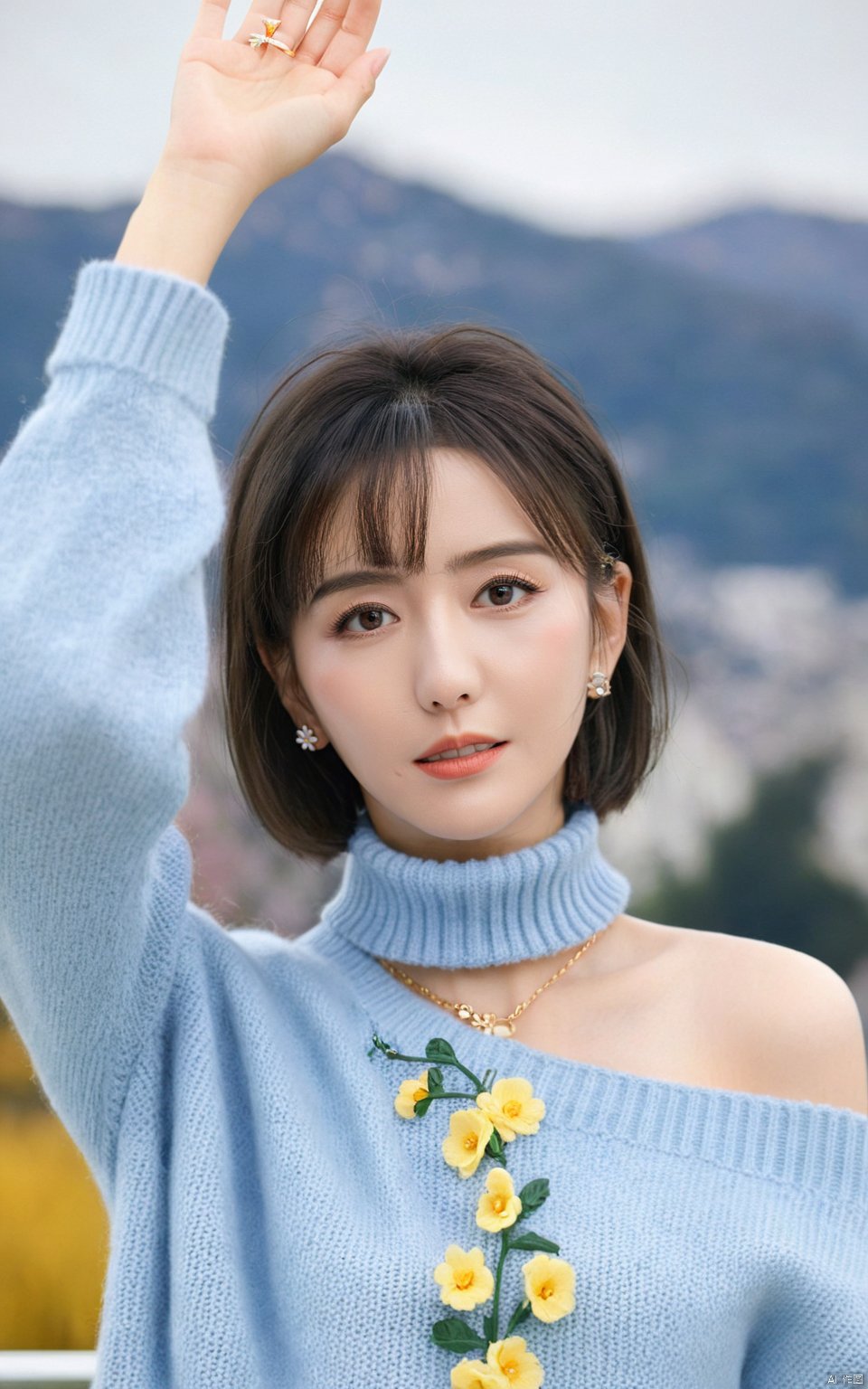  (masterpiece), (best quality), 1girl, watch, solo, wristwatch, floral background, sweater, looking at viewer, jewelry, upper body, bangs, flower, blush, off shoulder, necklace, long sleeves, hands up, closed mouth, yellow eyes, grey hair, black sweater, own hands together, open clothes, jacket, short hair, shirt, blue background, turtleneck, cardigan, blue sweater,[artist mmd], yaya