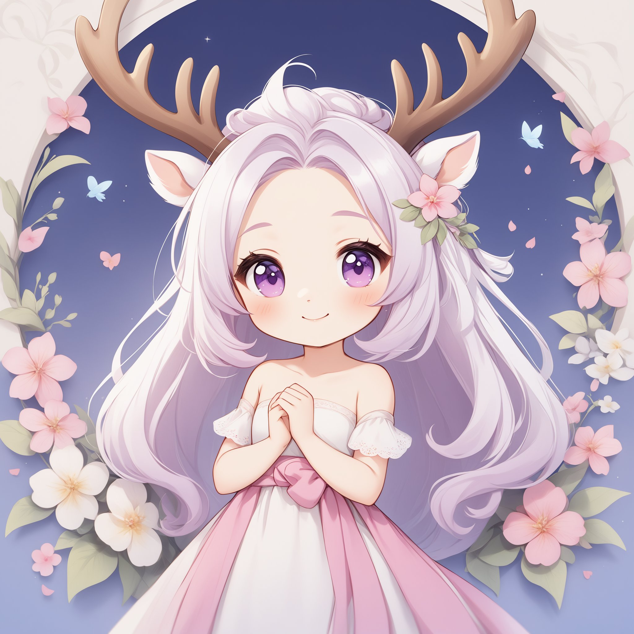 1girl, multiple colored hairs, smile,hair,smiling,lovely,cute,chibi:1.5,detailed backgroundwhole bodybare shoulders, collarbone, floral background, flower, long hair, pink flower, purple eyes, solo, white hair,Little Deer Antlers,slightly rosy face,Beautiful and delicate eyes