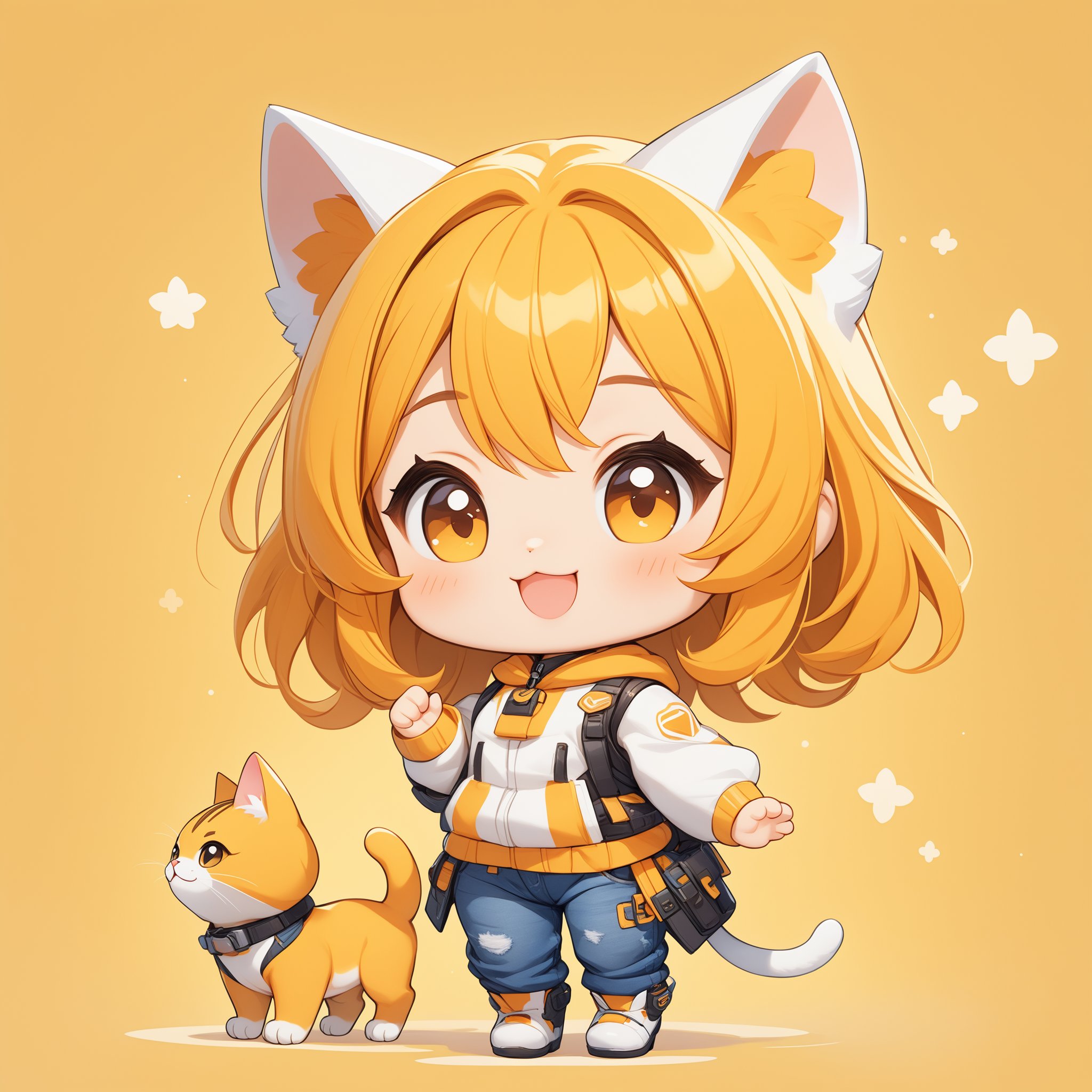 1girl, multiple colored hairs, smile,hair,smiling,lovely,cute,chibi:1.5,detailed backgroundwhole bodymasterpiece,best quality,futuristic,yellow,orange,yellow background,a cat wearing jeans