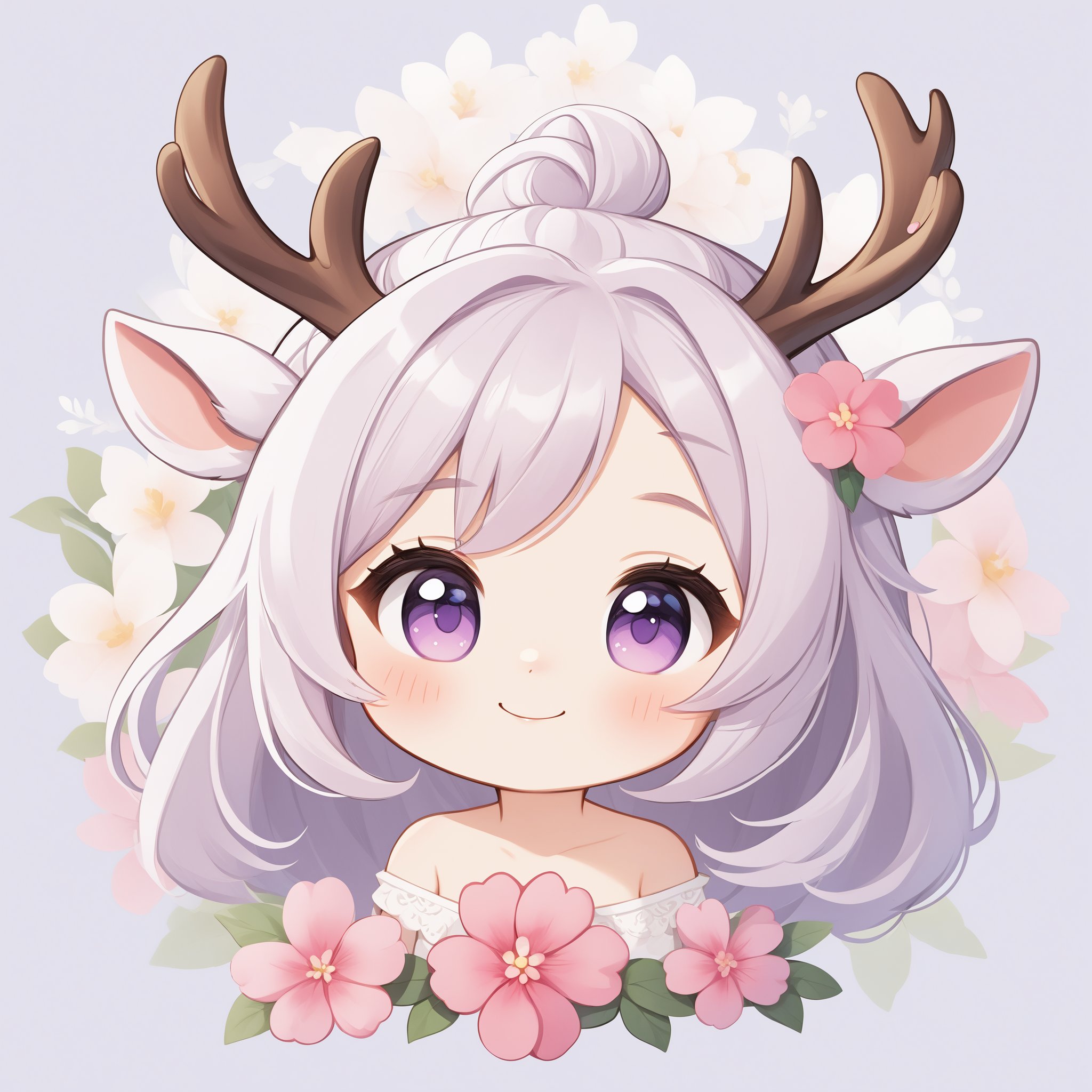 1girl, multiple colored hairs, smile,hair,smiling,lovely,cute,chibi:1.5,detailed backgroundwhole bodybare shoulders, collarbone, floral background, flower, long hair, pink flower, purple eyes, solo, white hair,Little Deer Antlers,slightly rosy face,Beautiful and delicate eyes