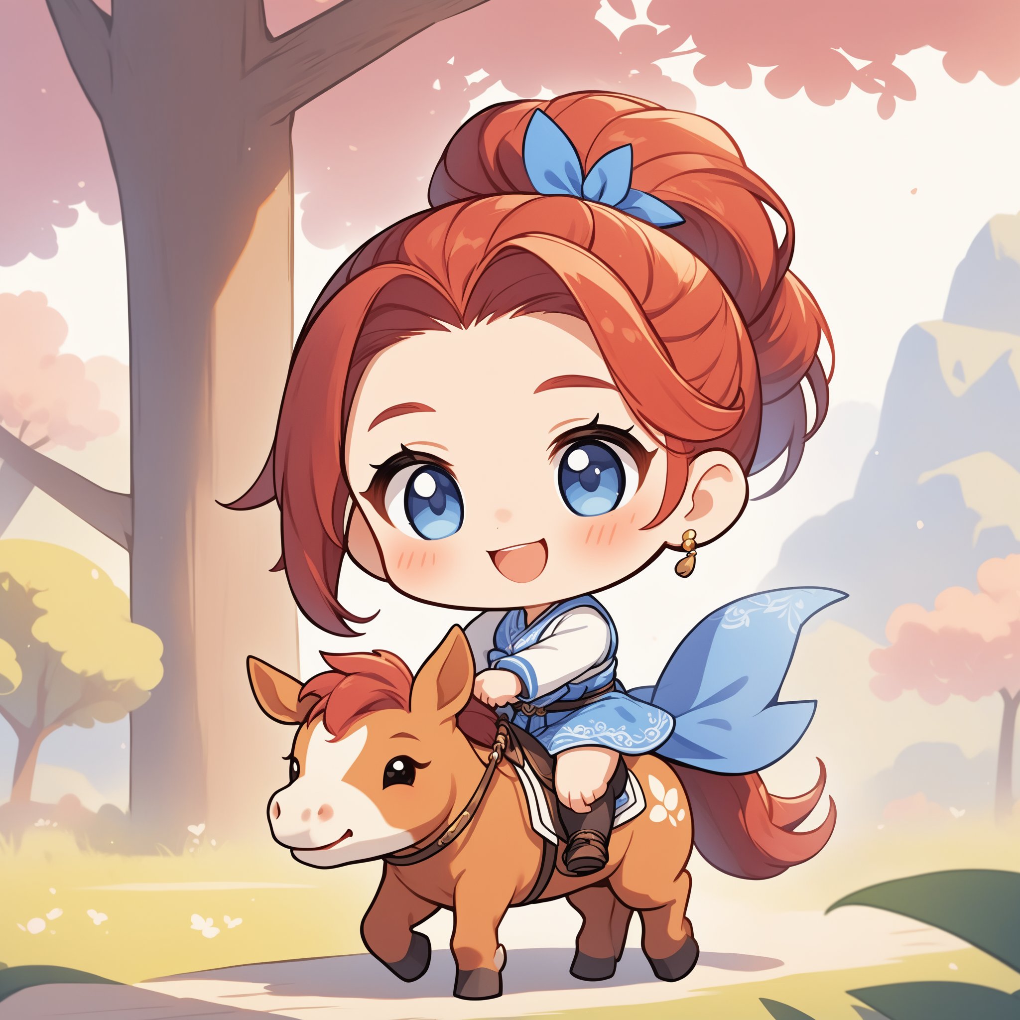 1girl, multiple colored hairs, smile,hair,smiling,lovely,cute,chibi:1.5,detailed backgroundwhole bodybest quality, masterpiece,1 boy, full body, chibi, man bun,riding horse