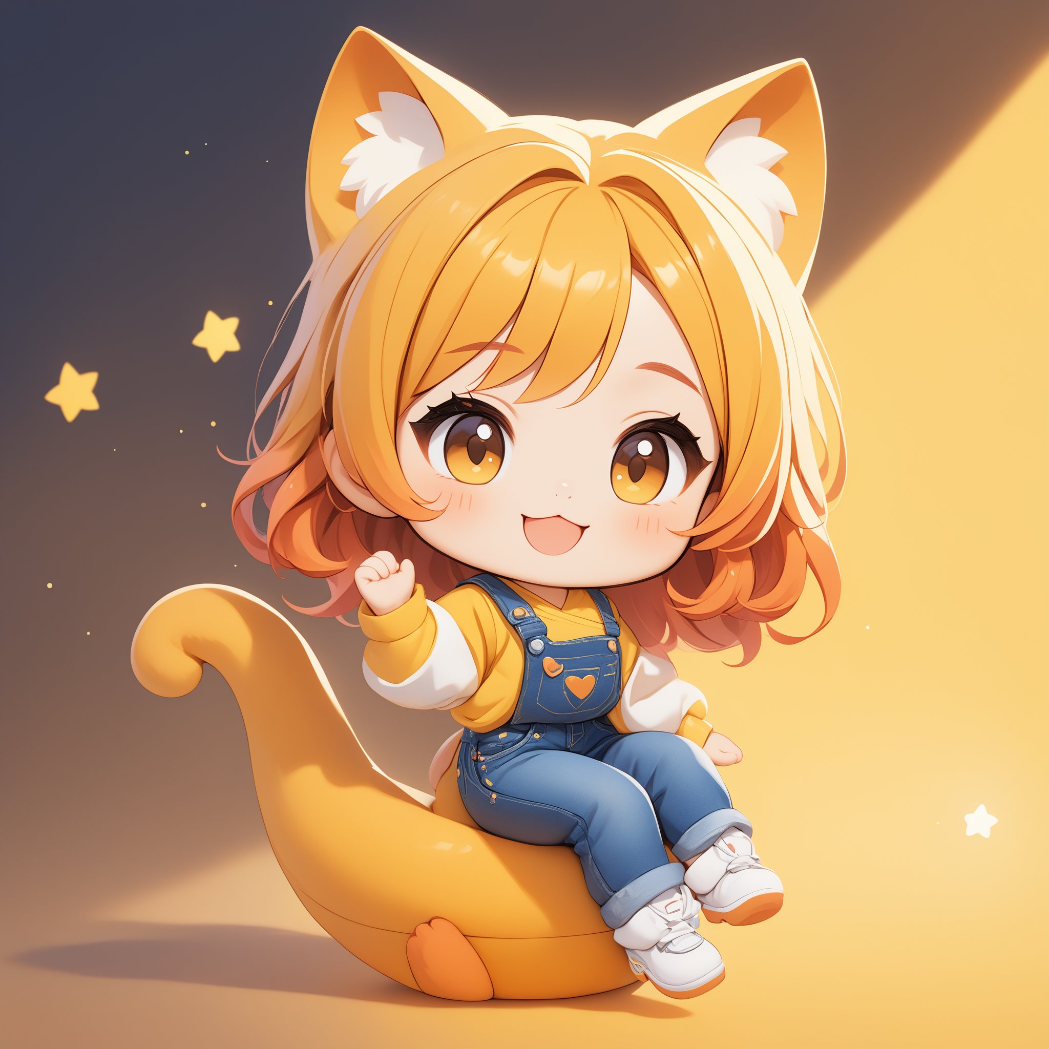 1girl, multiple colored hairs, smile,hair,smiling,lovely,cute,chibi:1.5,detailed backgroundwhole bodymasterpiece,best quality,futuristic,yellow,orange,yellow background,a cat wearing jeans