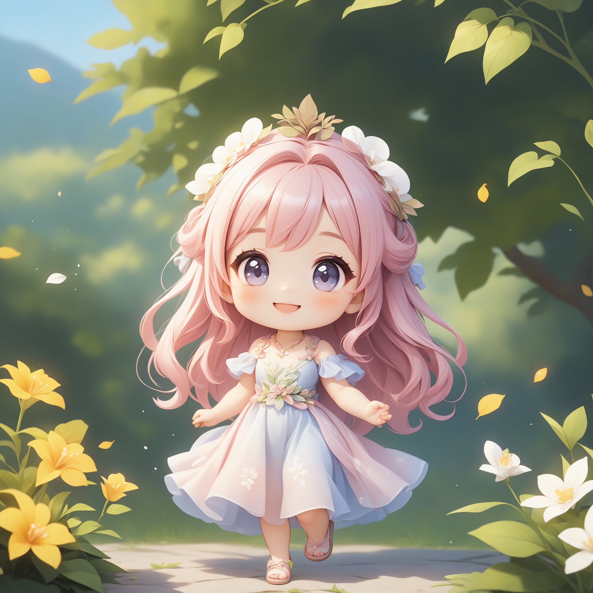 1girl, multiple colored hairs, smile,hair,smiling,lovely,cute,chibi:1.5,detailed background,whole body,masterpiece, best quality, game cg,(1girl:1.5),flower,leaf, dress