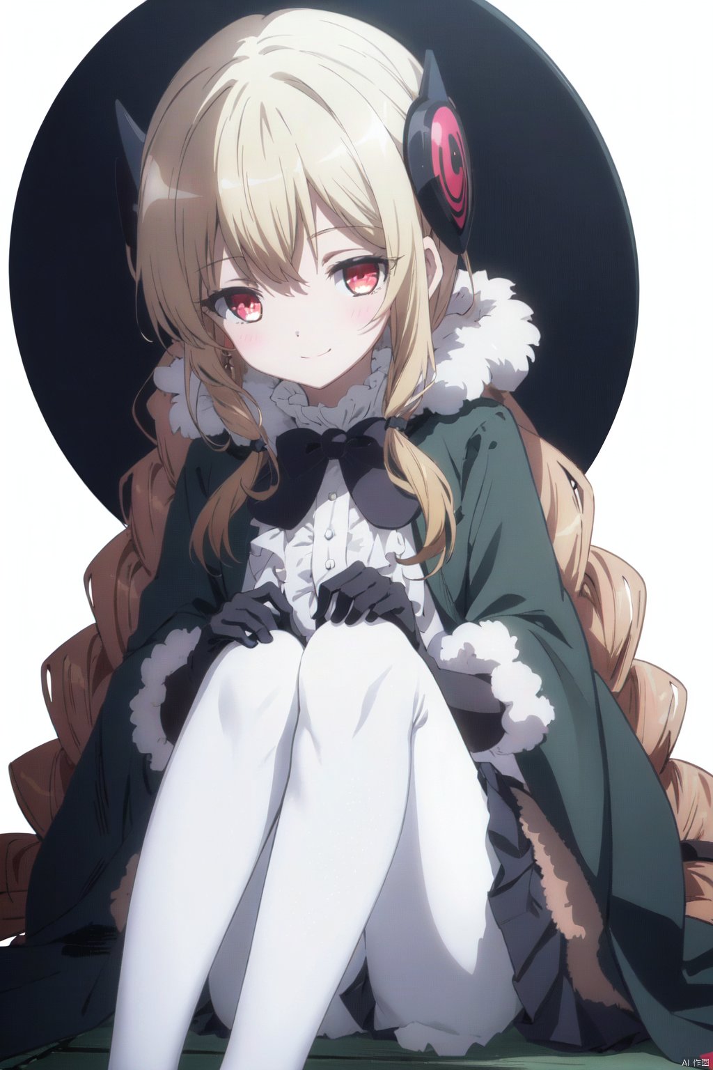 1girl, solo, hat, red eyes, halo, gloves, v, simple background, white background, pantyhose, long hair, blonde hair, looking at viewer, smile, skirt, braid, fur trim, jacket, black pantyhose, sitting, white gloves, pleated skirt, bangs, light blush, blush