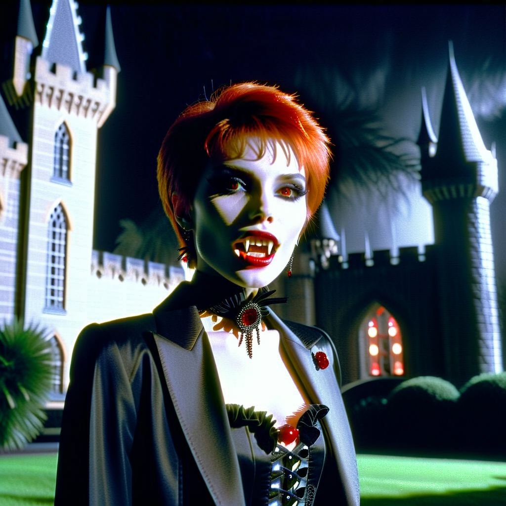 Vampyfangs1. a film still photo. 35mm. 4k. From a 1980s movie. a ginger red-haired vampire woman with a pixie cut is showing off her fangs, she is at a castle, wearing a vintage suit. Night. Full Moon. Dramatic lighting. Noir.