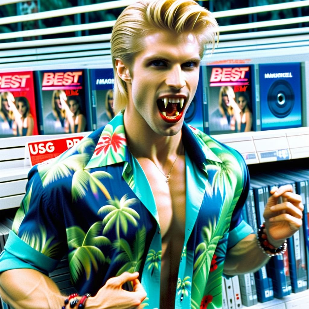 Vampyfangs1. a film still photo. 35mm. 4k. From a 2003 movie. A blond haired vampire man wearing a hawaiian shirt is showing off his fangs, he is walking around a Best Buy. Looking at a DVD case.