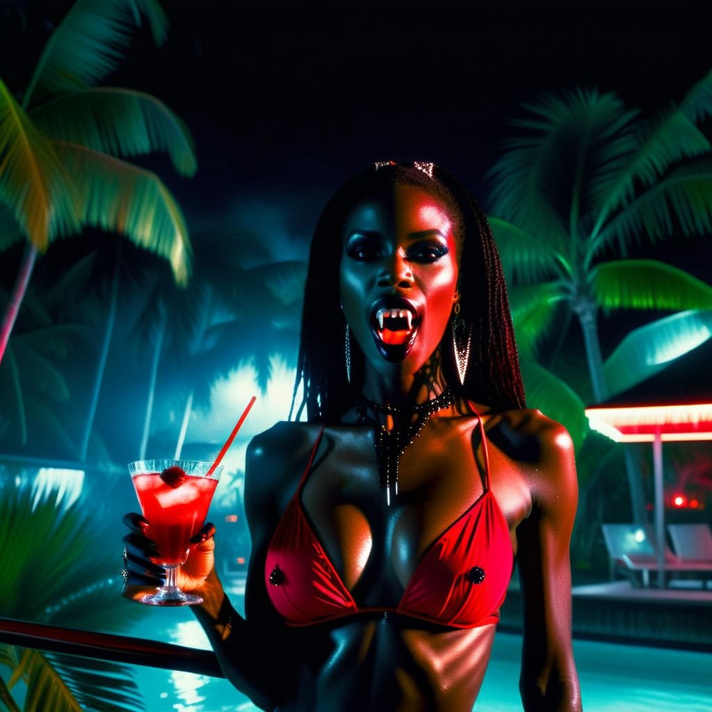 Vampyfangs1. a film still photo. 35mm. 4k. From a 2009 movie. a black Jamaican vampire woman and is showing off her fangs, wearing a red bikini, at an outside tropical tiki bar. Drinking a cocktail. Bloody Mary. Full color.