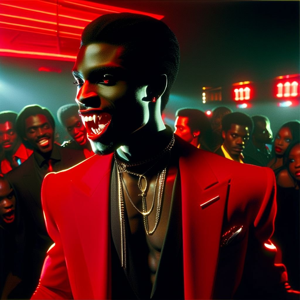 Vampyfangs1. a film still photo. 35mm. 4k. From a 2003 movie. a black Jamaican vampire and is showing off his fangs, he is at a disco club, wearing a red suit. Night. Noir.