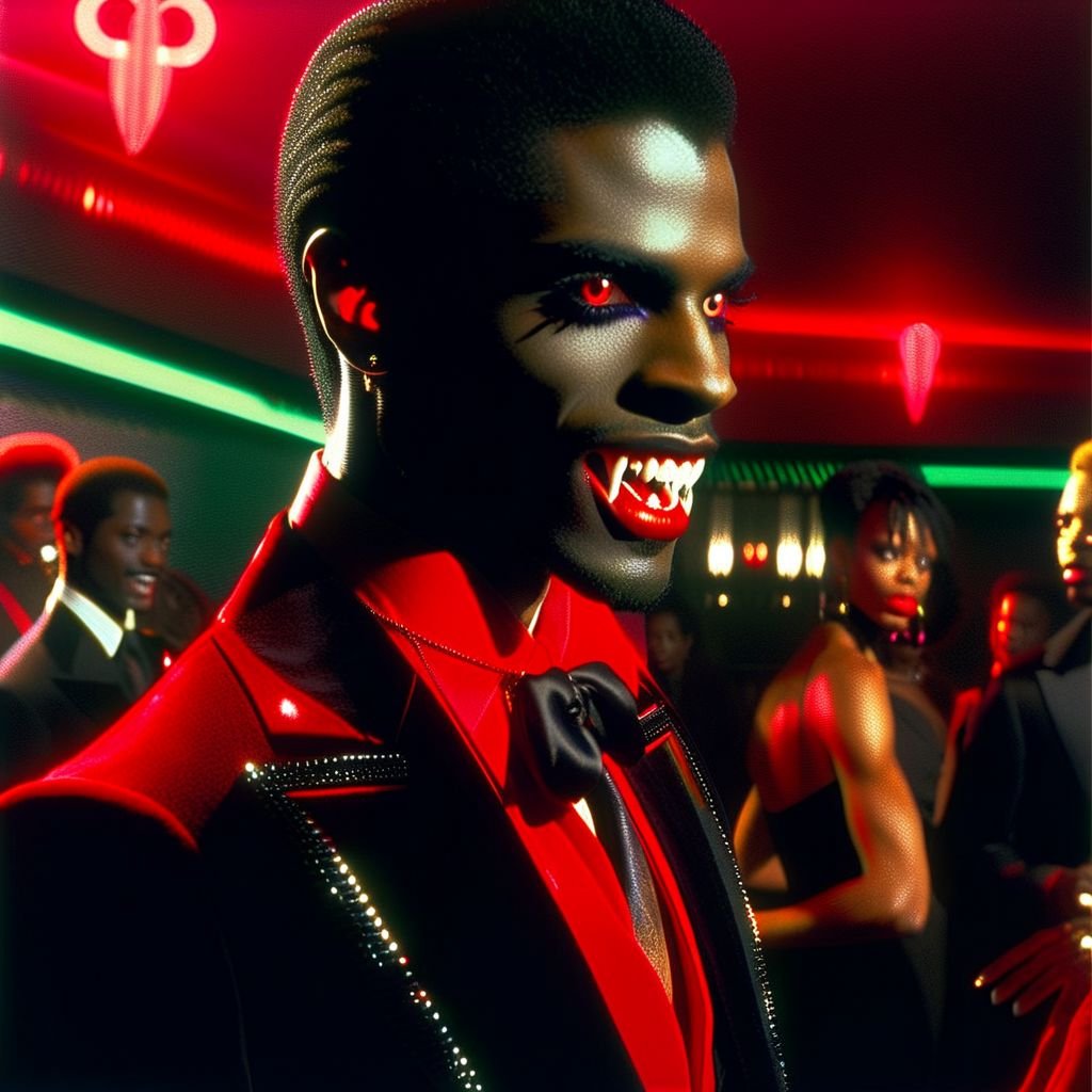 Vampyfangs1. a film still photo. 35mm. 4k. From a 2003 movie. a black Jamaican vampire and is showing off his fangs, he is at a disco club, wearing a red suit. Night. Noir.