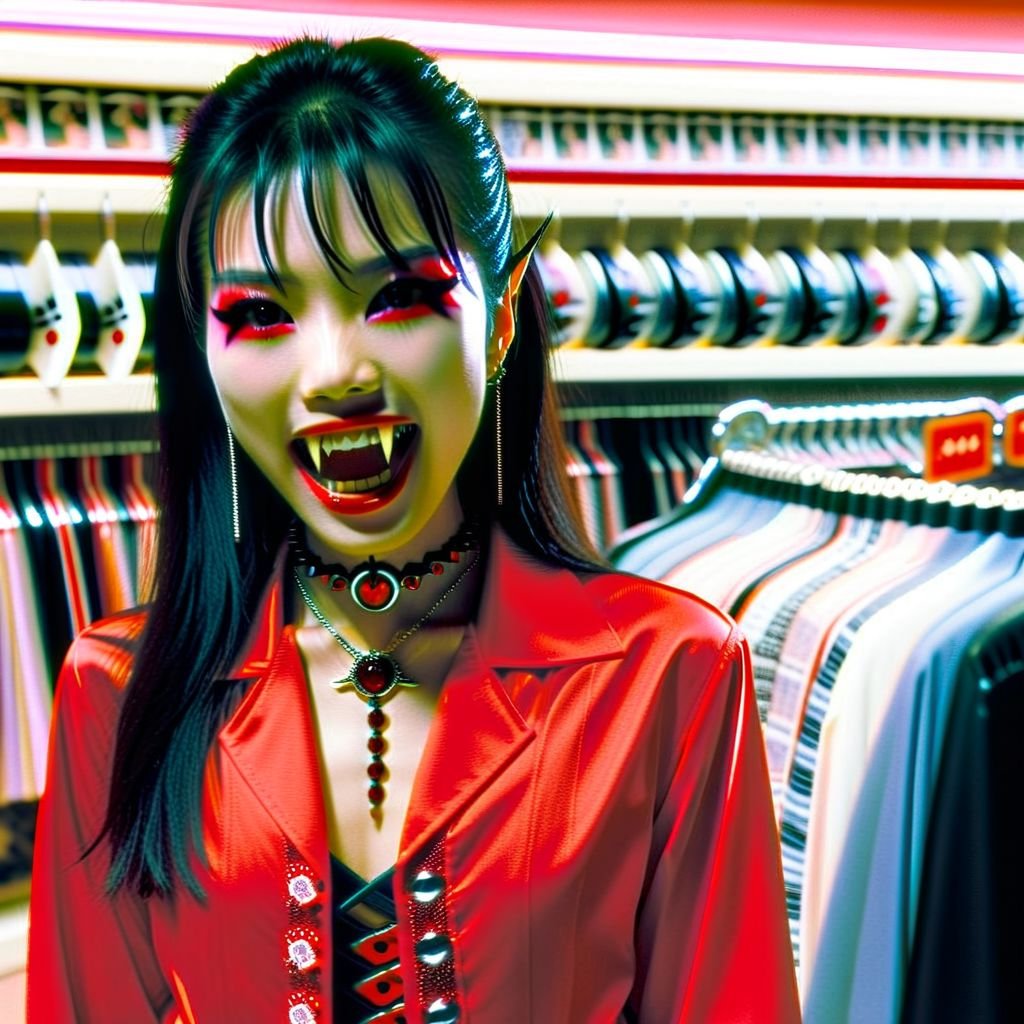 Vampyfangs1. a film still photo. 35mm. 4k. From a 2003 movie. a Japanese asian vampire woman and is showing off her fangs, shopping at a Goodwill thrift shop, wearing a red bowling shirt. 