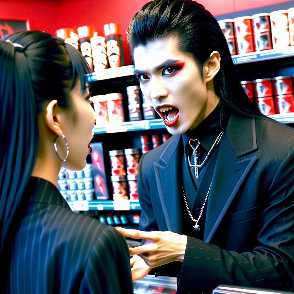 Vampyfangs1. a film still photo. 35mm. 4k. From a 2003 movie. An asian vampire man with fangs is talking to a cashier at a hot topic. nosferatu