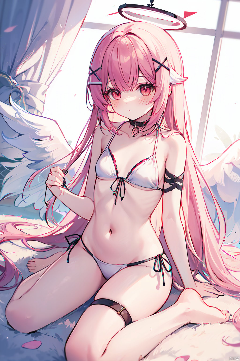  1girl, swimsuit, solo, bikini, long hair, wings, pink hair, white bikini, very long hair, wariza, breasts, sitting, hair ornament, halo, side-tie bikini bottom, angel wings, red eyes, barefoot, looking at viewer, collar, thigh strap, navel, small breasts, feathered wings, collarbone, front-tie top, angel, x hair ornament, bangs, front-tie bikini top
