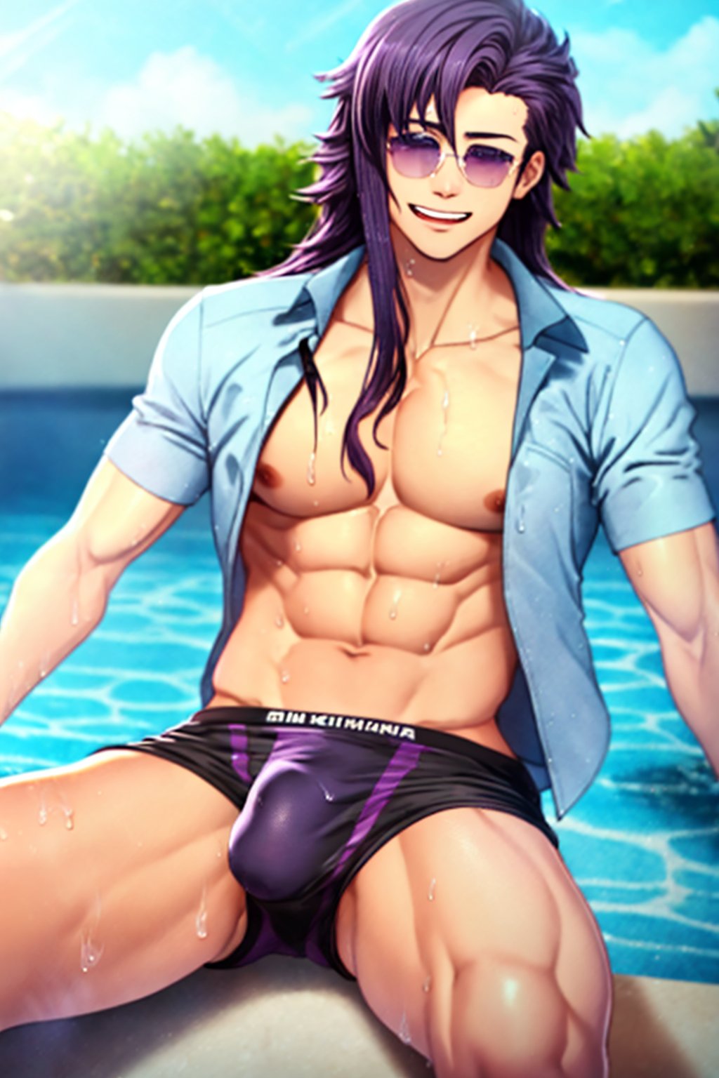 Highly detailed, masterpiece, high quality, beautiful, high resolution, original, 1 man, 1 young image with purple hair, long hair, shoulder length cut, wet hair, resting in a pool during a bright summer day. sunglasses, violet lenses, looks at the viewer with a cheerful smile sun-kissed body, purple underwear, thong, wet underwear, transparent underwear, marked bulge in the swimsuit, sitting inside the pool , 1 boy,wetshirt,Pectoral Focus,anime