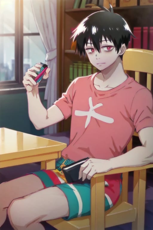 Highly detailed, masterpiece, high quality, beautiful, high resolution, original, 1 man, alone, male focus, looking at viewer, sitting on a chair, with a joystik in his hands, wearing a pink t-shirt, with gamer motifs, used a white slip, marked bulge, anime coloring, realistic, staz_charlie_blood, black hair, red eyes, bags under eyes, feudal Japan, 8k resolution, detailed hands, staz_charlie_blood, ,anime