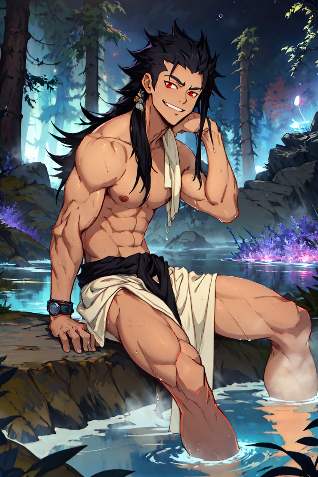 Highly detailed, masterpiece, high quality, beautiful, high resolution, original, 1 man, gajeel, teenager, muscular, attractive with long hair, waist-length hair, wet hair, black hair, naked man, standing, on a mountain, in a thermal water pond, night, steam, a towel on the side, stones, vegetation, night, fireflies, looking at viewer, sitting on the edge, legs in the water, hands on the sides, Wilbur, gajeel_redfox, red eyes, relaxed look, straight hair,inside the pond, covered in water up to the waist, smiling, winking,anime