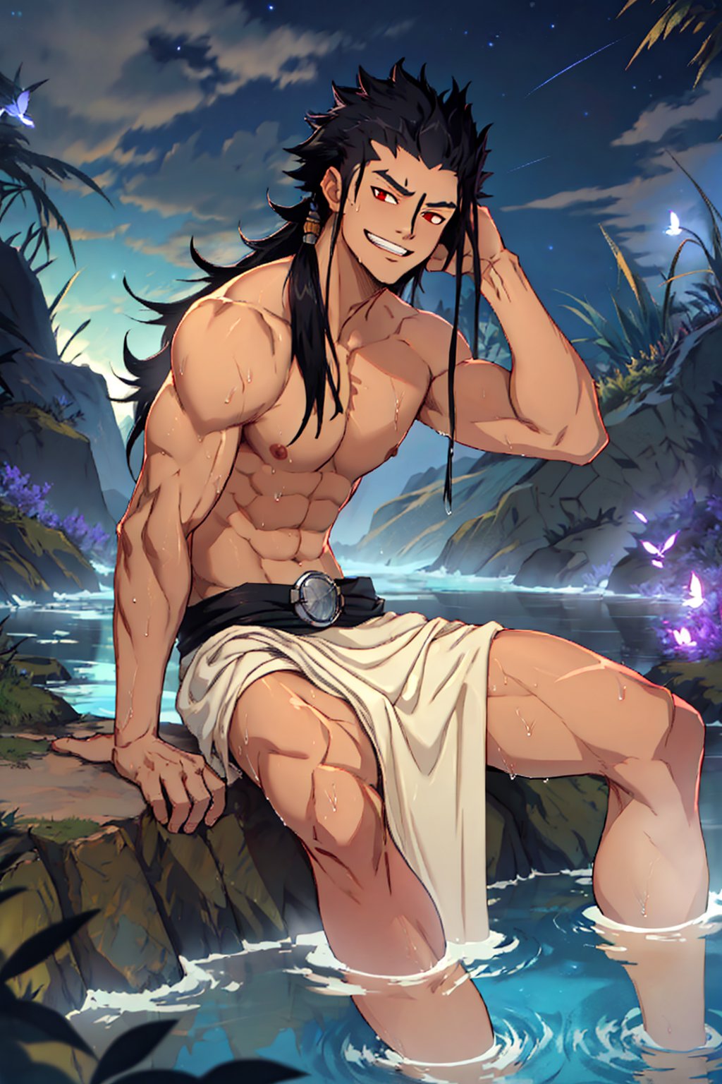 Highly detailed, masterpiece, high quality, beautiful, high resolution, original, 1 man, gajeel, teenager, muscular, attractive with long hair, waist-length hair, wet hair, black hair, naked man, standing, on a mountain, in a thermal water pond, night, steam, a towel on the side, stones, vegetation, night, fireflies, looking at viewer, sitting on the edge, legs in the water, hands on the sides, Wilbur, gajeel_redfox, red eyes, relaxed look, straight hair,inside the pond, covered in water up to the waist, smiling, winking,anime