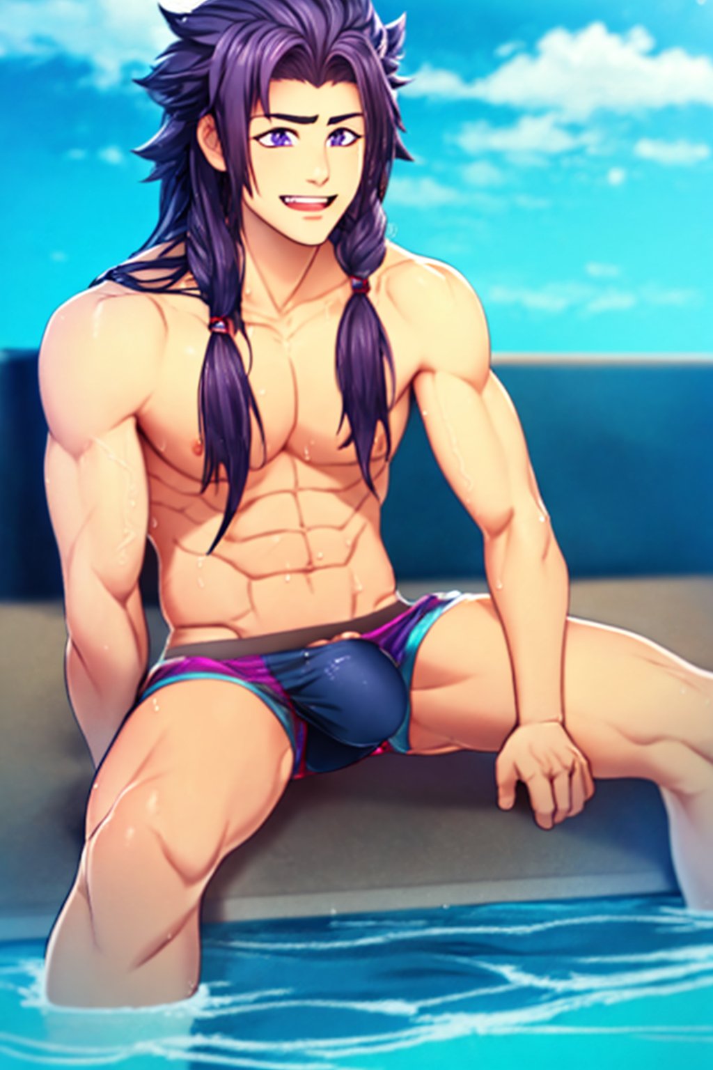 Highly detailed, masterpiece, high quality, beautiful, high resolution, original, 1 man, 1 young image with purple hair, long hair, shoulder length cut, wet hair, resting in a pool during a bright summer day. sunglasses, violet lenses, looks at the viewer with a cheerful smile sun-kissed body, purple underwear, thong, wet underwear, transparent underwear, marked bulge in the swimsuit, sitting inside the pool , 1 boy,wetshirt,Pectoral Focus,anime