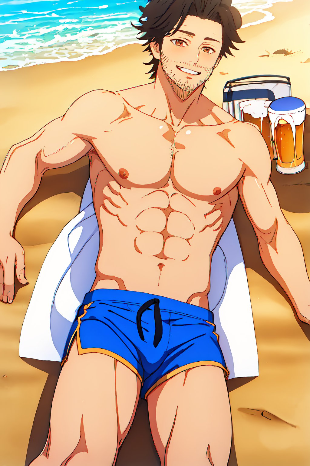 Highly detailed, masterpiece, high quality, beautiful, high resolution, original, 1 man, muscular, swimsuit, beach towel. lying on the towel, one mug of beer, sunny day, bone, blue shorts, smile, muscular man, yami sukehiro, brown eyes, facial hair, sideburns, stubble, slight smile,anime