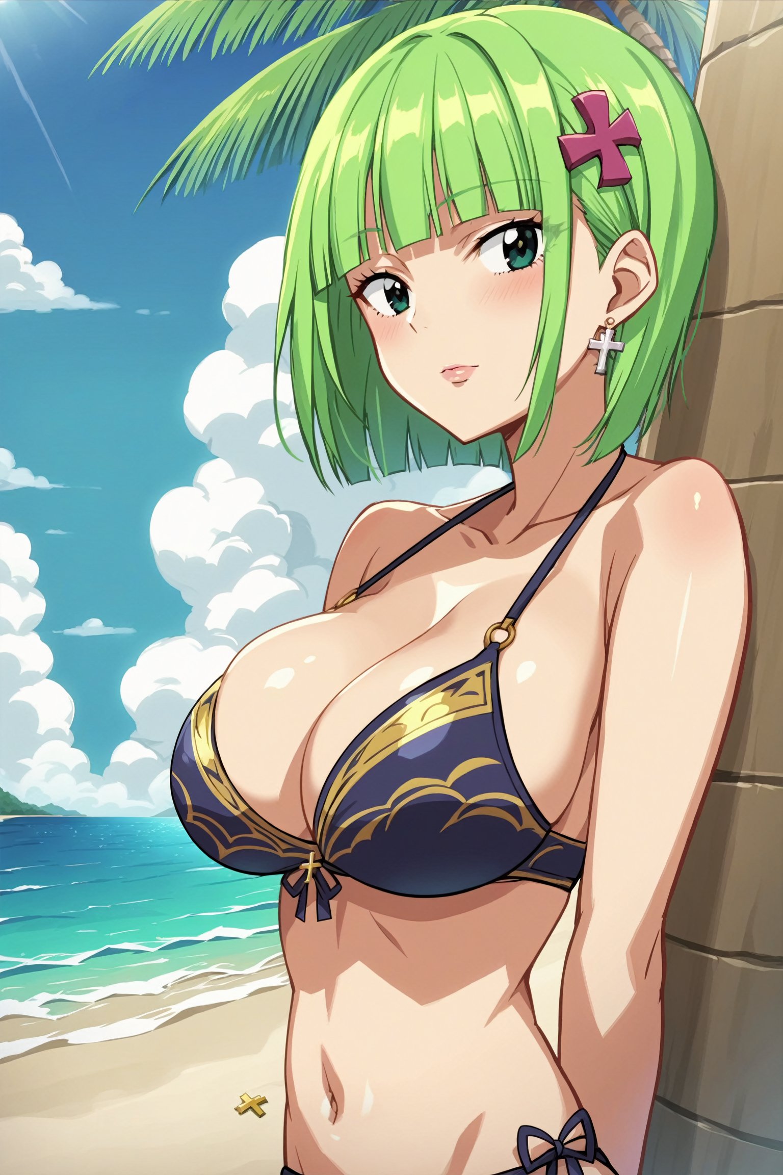 uncensored,score_9, score_8_up, score_7_up, score_6_up, score_5_up, score_4_up, BREAK source_anime, anime screencap,masterpiece, best quality, perfect scenery, perfect lighting

brandishmyu,short hair,green hair.green eyes,blunt bangs,large breast ,bikini, hair ornament, cross earings

outdoors, beach, ocean,standing,solo,sky,clouds,palm tree,showing breast, 
