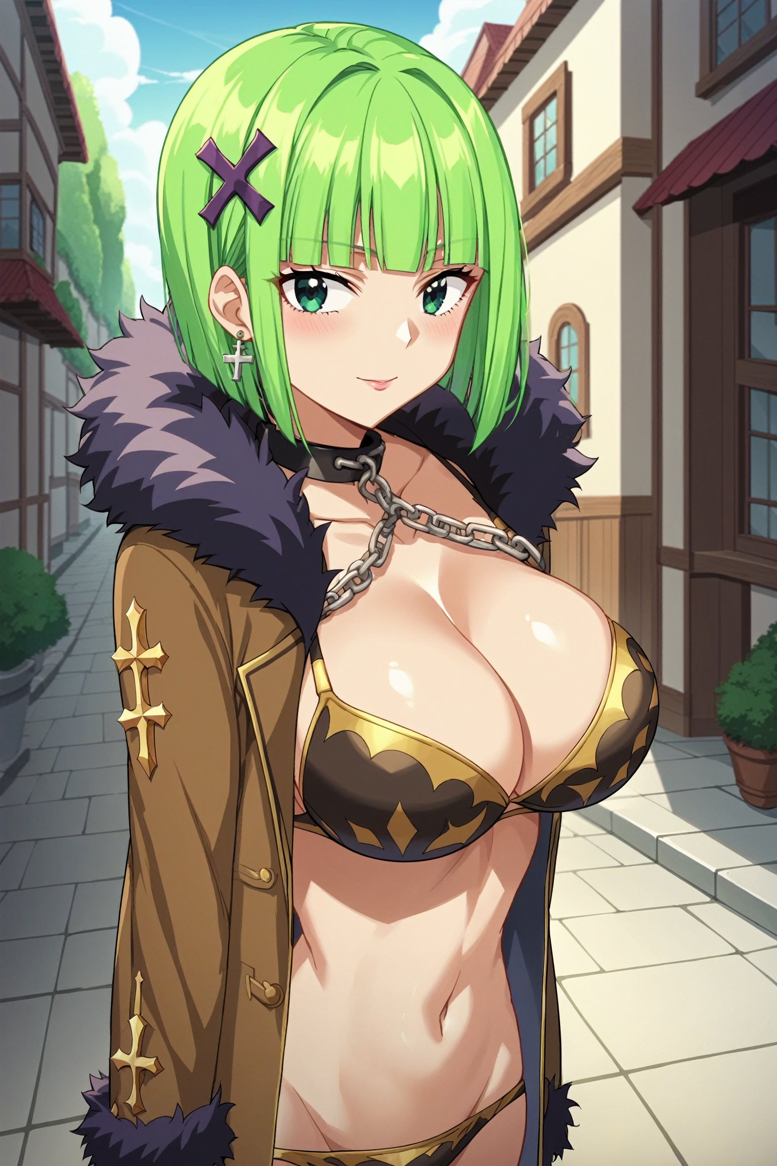 uncensored,score_9, score_8_up, score_7_up, score_6_up, score_5_up, score_4_up, BREAK source_anime, anime screencap,masterpiece, best quality, perfect scenery, perfect lighting

brandishmyu,short hair,green hair.green eyes,blunt bangs,fur trim,black choker, jewelry, chain, coat,large breast ,bikini,cape, hair ornament, cross earings, navel, cleavage
