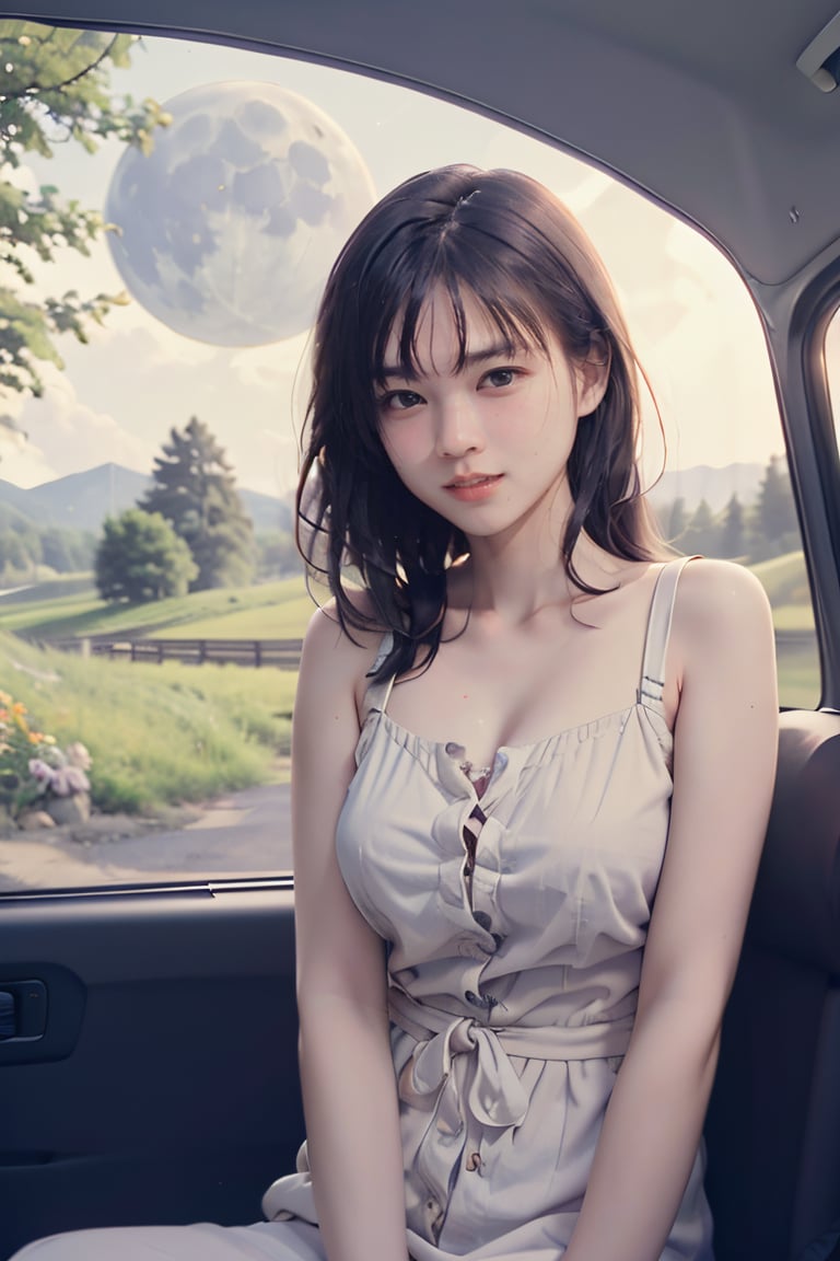 (Masterpiece, High Quality, Hi Resolution, 8K), well sunlit, outdoor, smooth skin, flawless skin, porcelain skin, JWong, sunshine, moon, space, planet, roadside, country side, trees, flowers, 