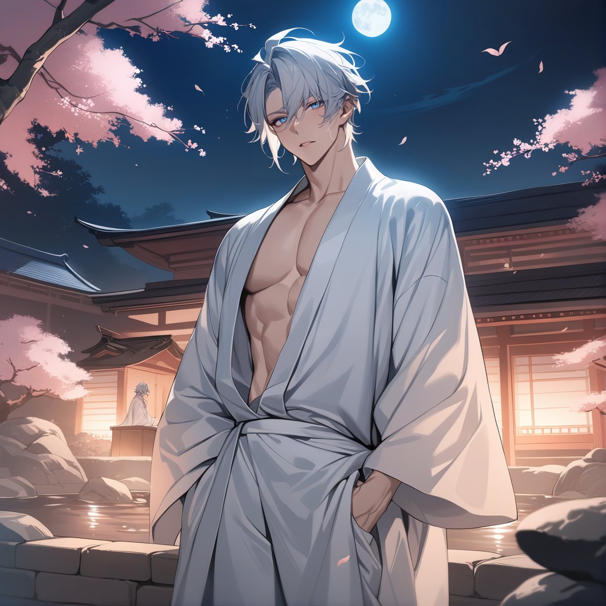 best quality, masterpiece, 8k, insanely detailed, 1boy, bishounen, long silver hair, piercing blue eyes, elegant facial features, (cowboy shot:1.3), upper body, serious expression, white silk robe with blue accents, standing in zen garden with cherry blossom trees, koi pond, full moon in night sky, fantasy scenery, extremely delicate anime illustration