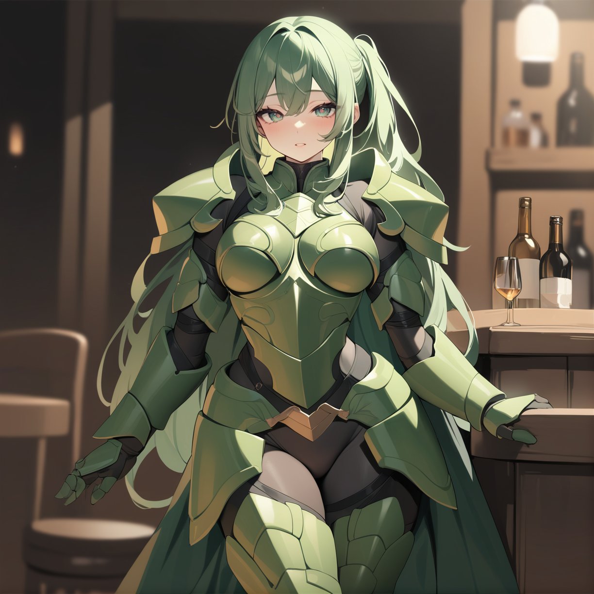 (masterpiece, best quality, highres, absurbres, 8k, highly detailed), newest, beautiful eyes detailed, perfect face, depth of field, vibrant, 1girl, solo, green hair, long hair, tavern, green armor, full body armor, (cowboy shot), looking at viewer, dropped shadow, highly aesthetic, fantasy