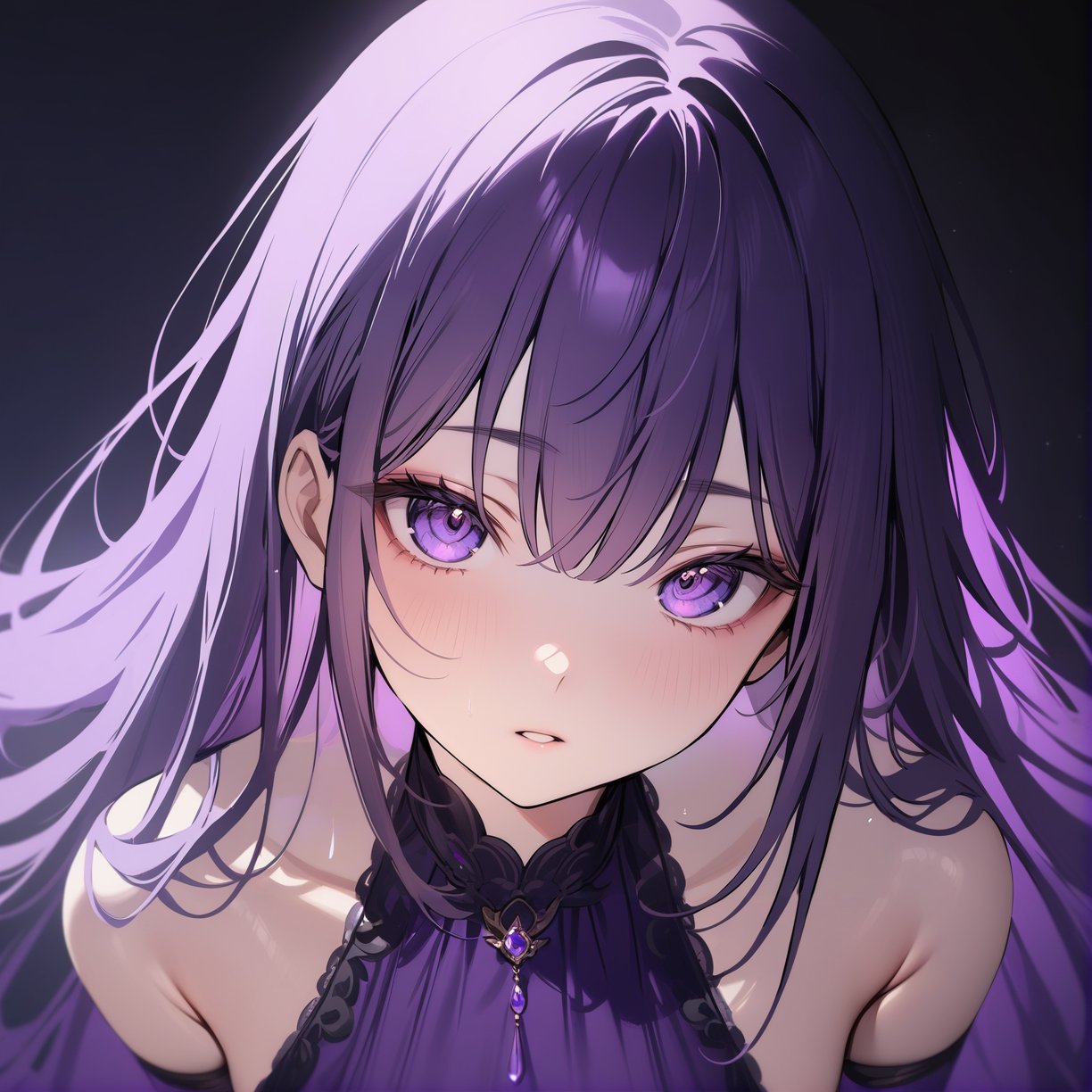 ((masterpiece, best quality)), newest, 1girl, solo, purple hair, straight hair, purple eyes, intricate eyes, purple dress, dark background, depth of field, lighting from above, exquisite, highly aesthetic, vibrant, 4k, close up