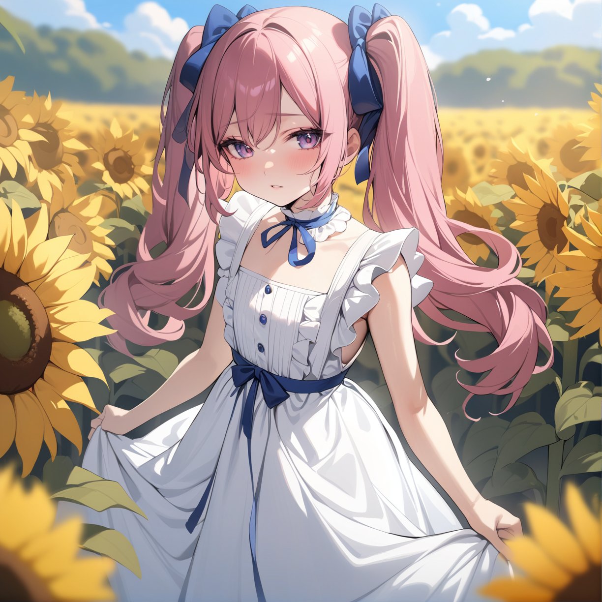 (masterpiece, best quality), 4k, perfect face, depth of field, vibrant, 1girl, long pink hair, twintails, large purple eyes, frilled white dress with blue ribbons, standing in sunflower field, sunny sky, highly detailed, extremely aesthetic, beautiful face, delicate features