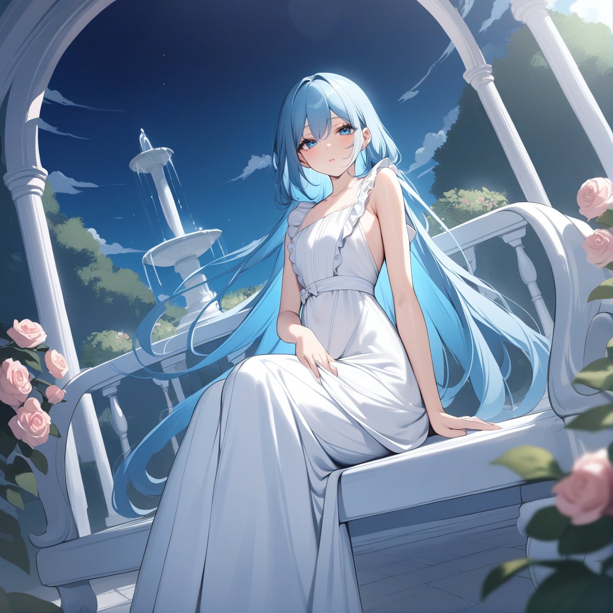 masterpiece, best quality, 4k, 1girl, beautiful face, extremely detailed features, long flowing light blue hair, bright azure eyes, elegant white dress with frills and bows, sitting on ornate bench in lush rose garden, fountain in background, clear blue sky with wispy clouds, highly aesthetic anime scenery, delicate illustrations