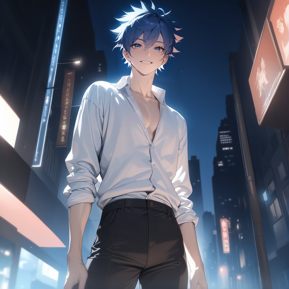 masterpiece, best quality, 8k, highly detailed, photorealistic, cinematic lighting, perfect face, 1boy, short spiky blue hair, green eyes, confident smile, slim build, white shirt, black pants, outdoors sunny city street background, extremely aesthetic anime drawings