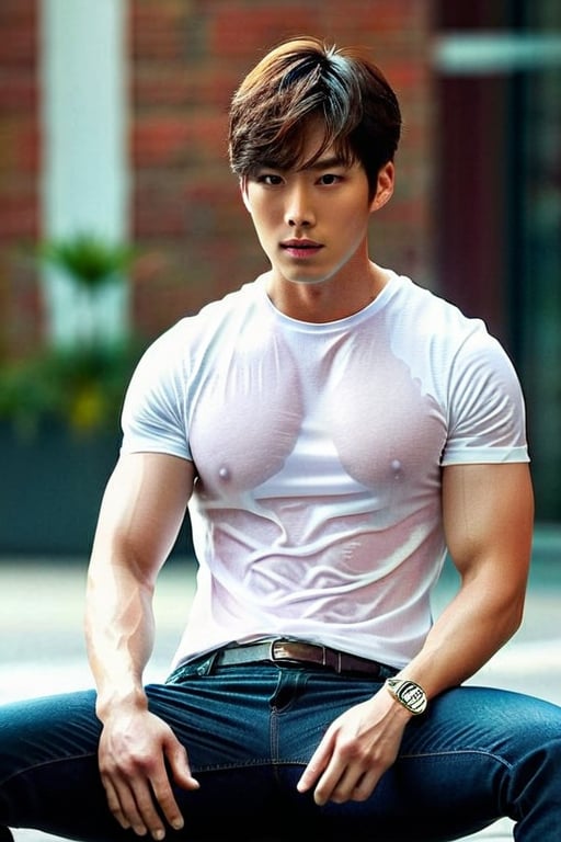 (masterpiece, best quality: 1.1), (1boy), Korean, high resolution, (ultra detailed), (only: 1.5), seductive, elegant, stylish, sexy, white tight shirt, full body view, far shot, perfect body, beautiful man, (beautiful detailed face: 1.2), male_focus, beautifully detailed eyes, short hair, intricate details, perfect hands, detailed fingers, fantastic background, volumetric lighting, intricate details, tone mapping, sharp focus, hyper detailed. sitting on the street, raining, Wet clothes. 