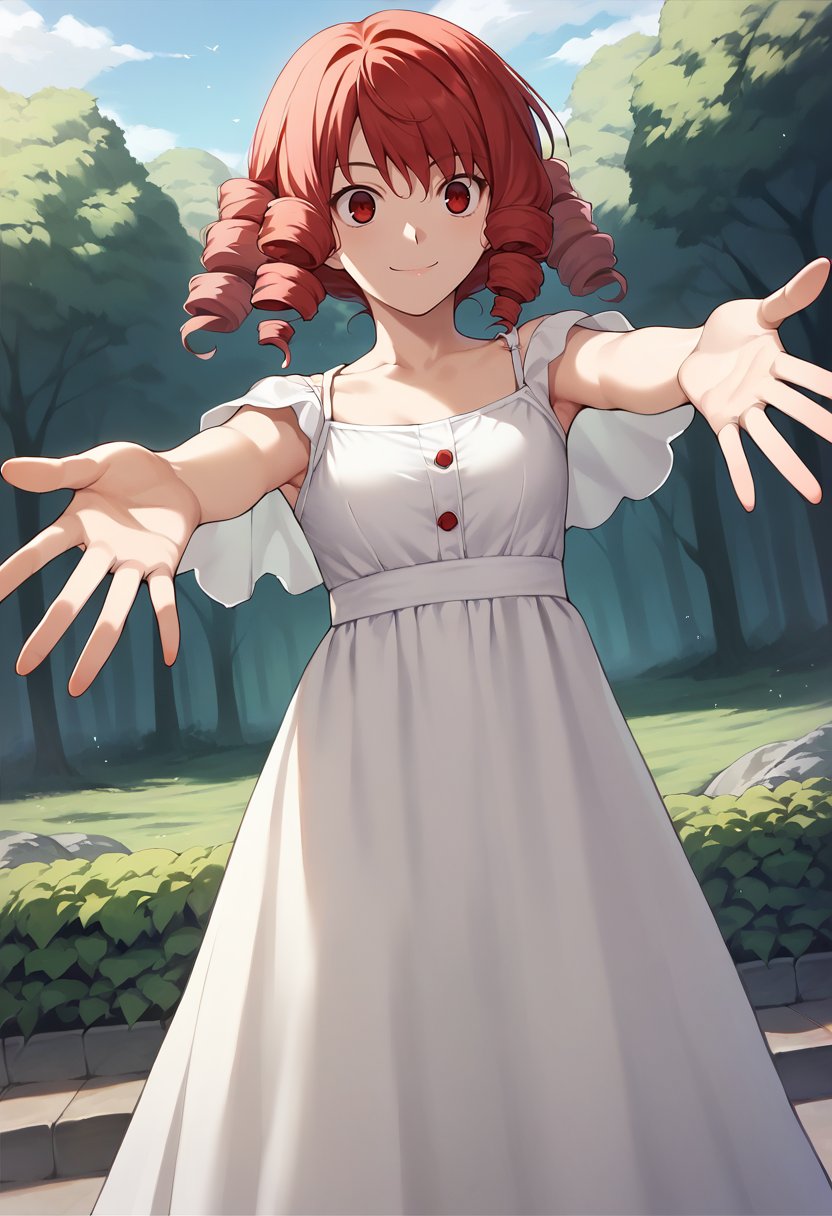 score_9, score_8_up, score_7_up, source_anime, 1girl,red eyes,smile, outdoors, best quality,  red hair, ringlets, outstretched arms,  white sundress, by koyamahirokazu <lora:Koyama-Style-PonyXL-000020:1>