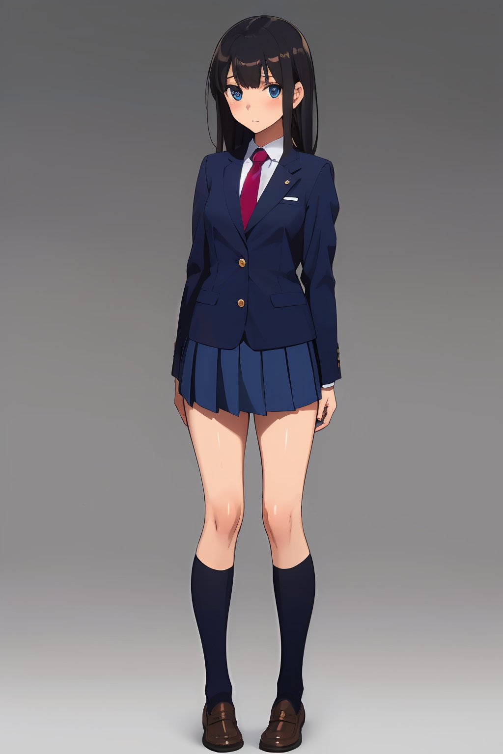 ((masterpiece, best quality, absurdres, highres, ultra detailed, high resolution, very fine 8KCG wallpapers)), 1 girl, solo, exposed woman, (17 years old girl:1.5), black hair, medium hair, swept bangs, blue eyes, blazer school uniform, navy blazer, white shirt, red necktie, gray pleated skirt, navy_blue socks, brown loafers,