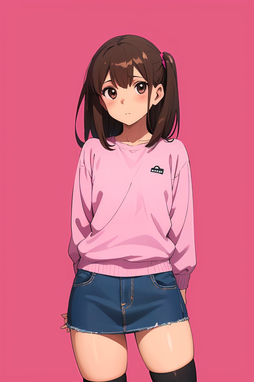 ((masterpiece, best quality, absurdres, highres, ultra detailed, high resolution, very fine 8KCG wallpapers)), 1 girl, solo, exposed woman, (10 years old girl:1.5), brown hair, medium hair, two side up, brown eyes, kids clothes, cute shirt, denim miniskirt, thigh high socks, over knee high socks, zettai_ryouiki, sneakers,