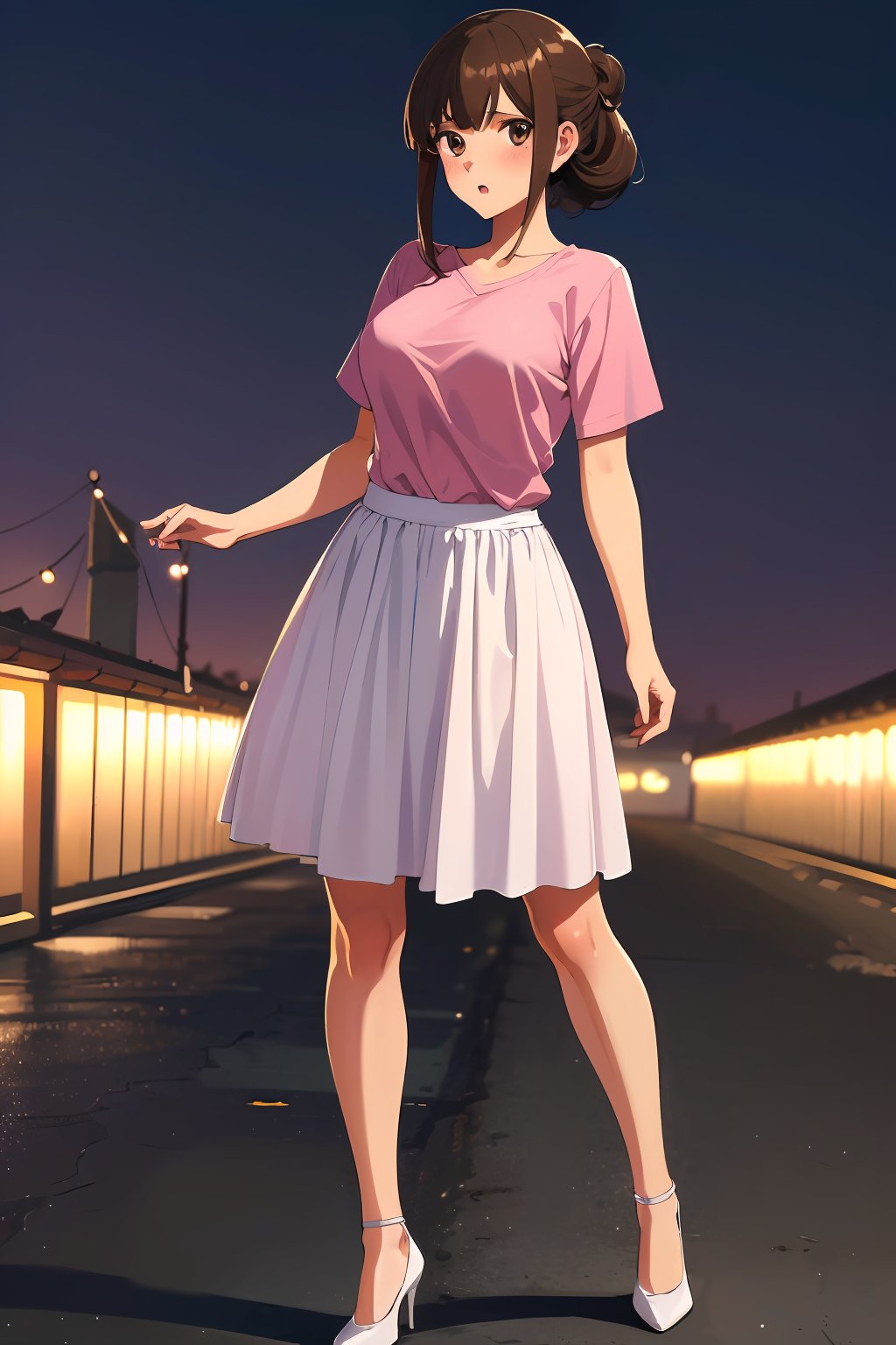 ((masterpiece, best quality, absurdres, highres, ultra detailed, high resolution, very fine 8KCG wallpapers)), 1 girl, solo, exposed woman, (23 years old girl:1.5), large breasts, brown hair, medium hair, half updo, swept bangs, brown eyes, pink shirt, white flare skirt, white high heels,