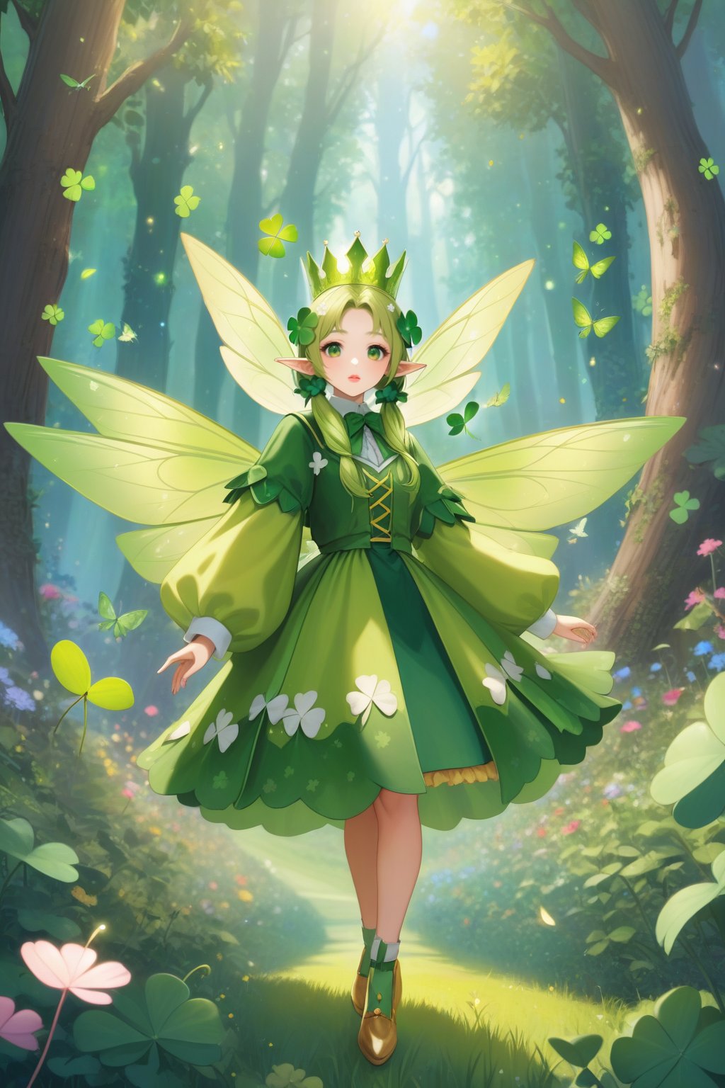 The noble wizard of Oz, dressed in clothes decorated with four-leaf clover and wearing a crown made of four-leaf clover, has beautiful green elf wings and flies and shuttles in the magical forest.