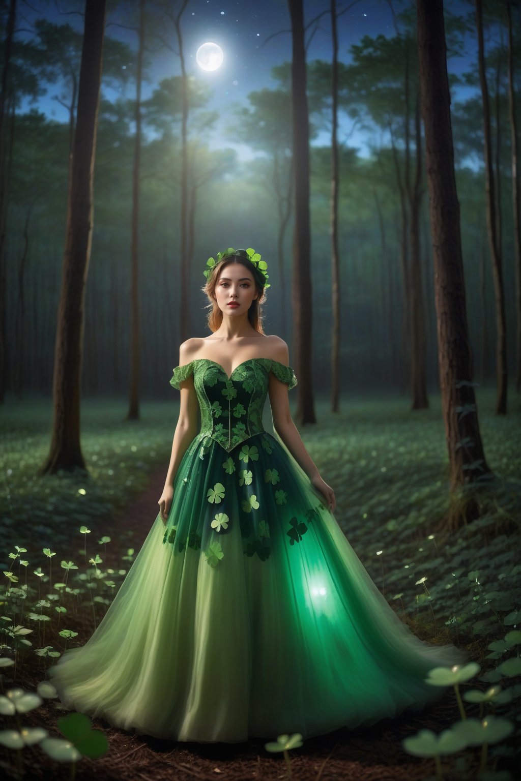 A beautiful girl wearing a four-leaf clover dress, standing in a beautiful forest, with the bright moonlight shining on the earth under the night sky, Magic Forest,