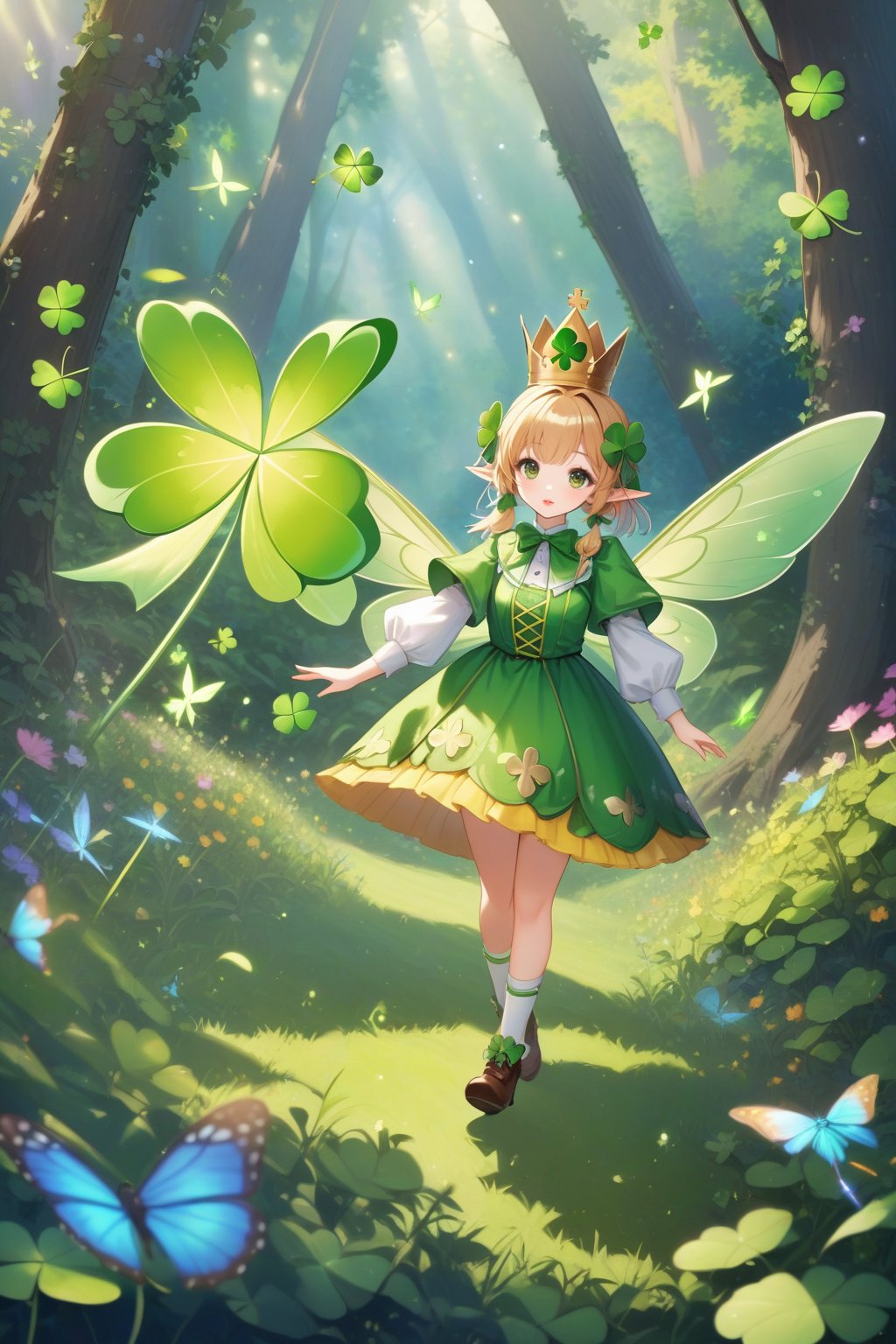 The noble wizard of Oz, dressed in clothes decorated with four-leaf clover and wearing a crown made of four-leaf clover, has beautiful green elf wings and flies and shuttles in the magical forest.,Lucky Clover