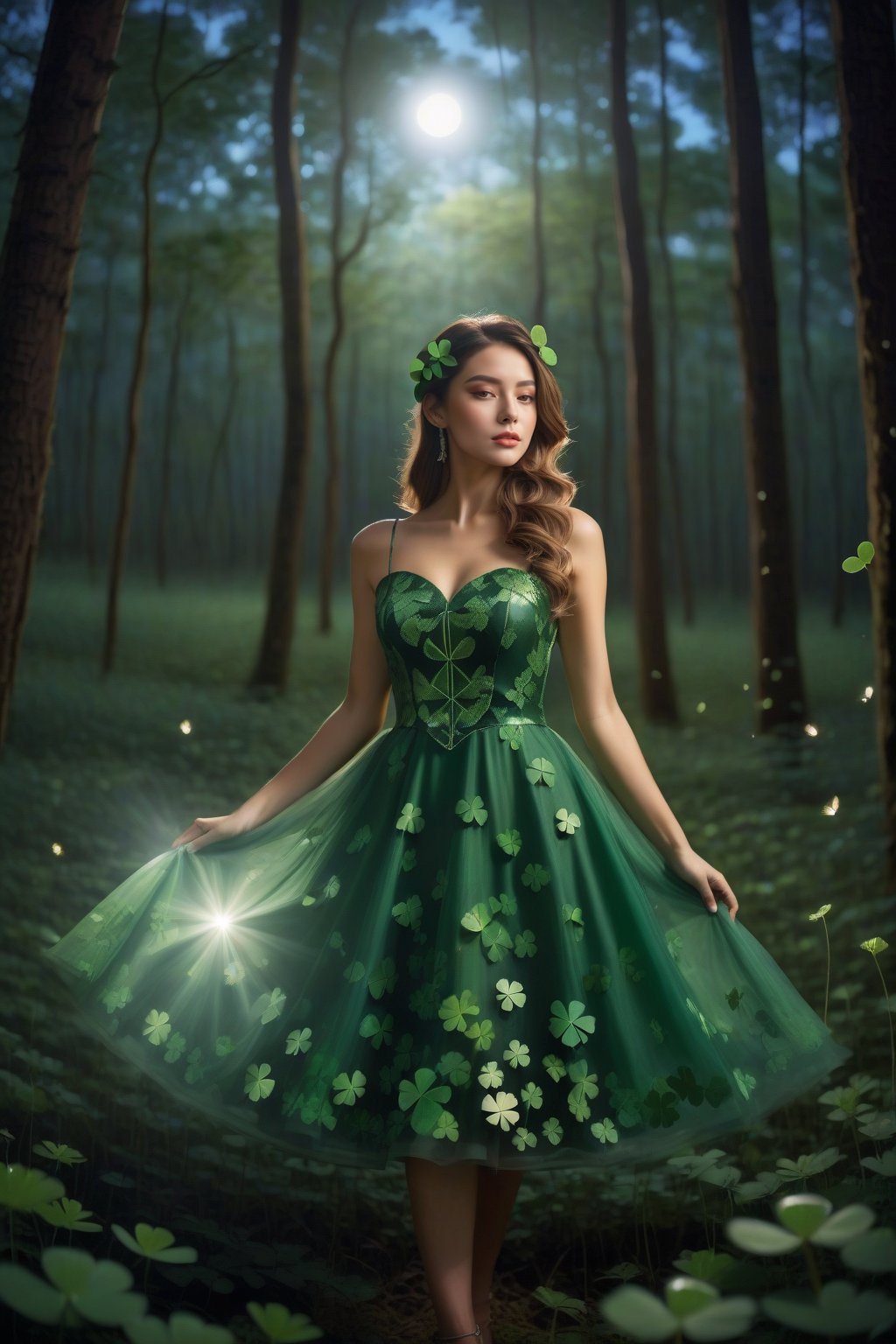 A beautiful girl wearing a four-leaf clover dress, standing in a beautiful forest, with the bright moonlight shining on the earth under the night sky