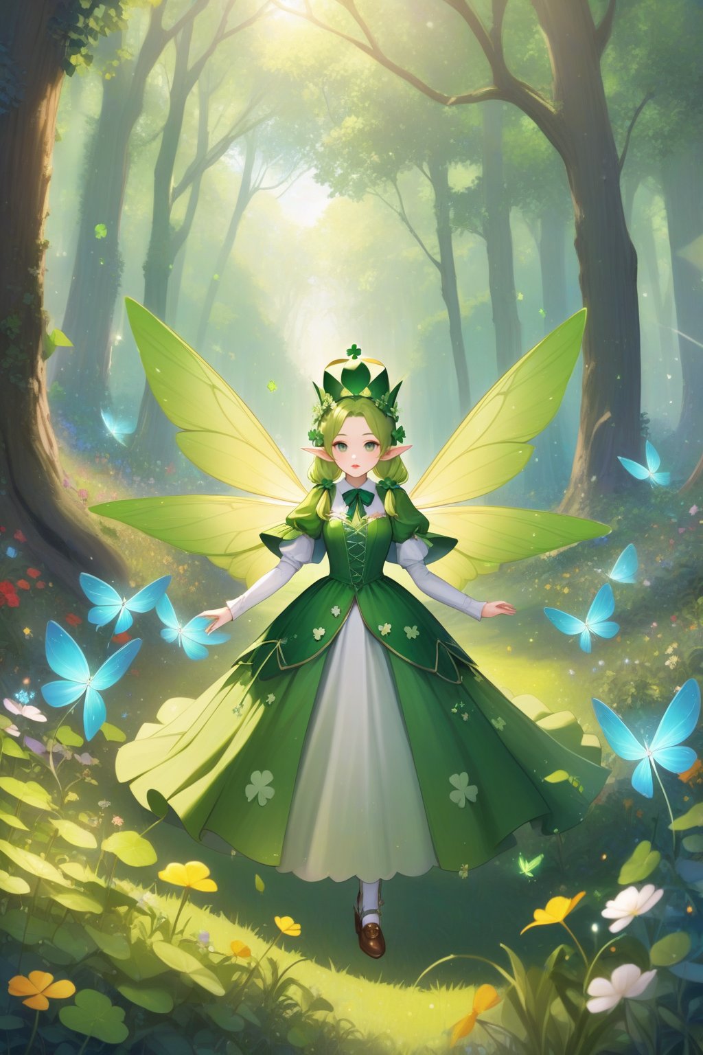 The noble wizard of Oz, dressed in clothes decorated with four-leaf clover and wearing a crown made of four-leaf clover, has beautiful green elf wings and flies and shuttles in the magical forest.