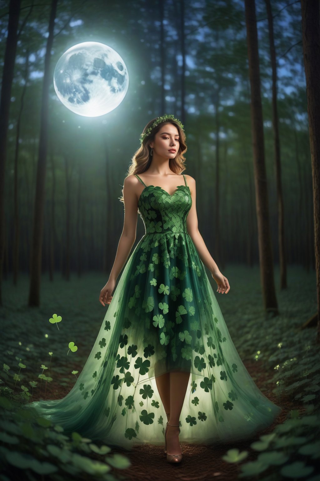 A beautiful girl wearing a four-leaf clover dress, standing in a beautiful forest, with the bright moonlight shining on the earth under the night sky
