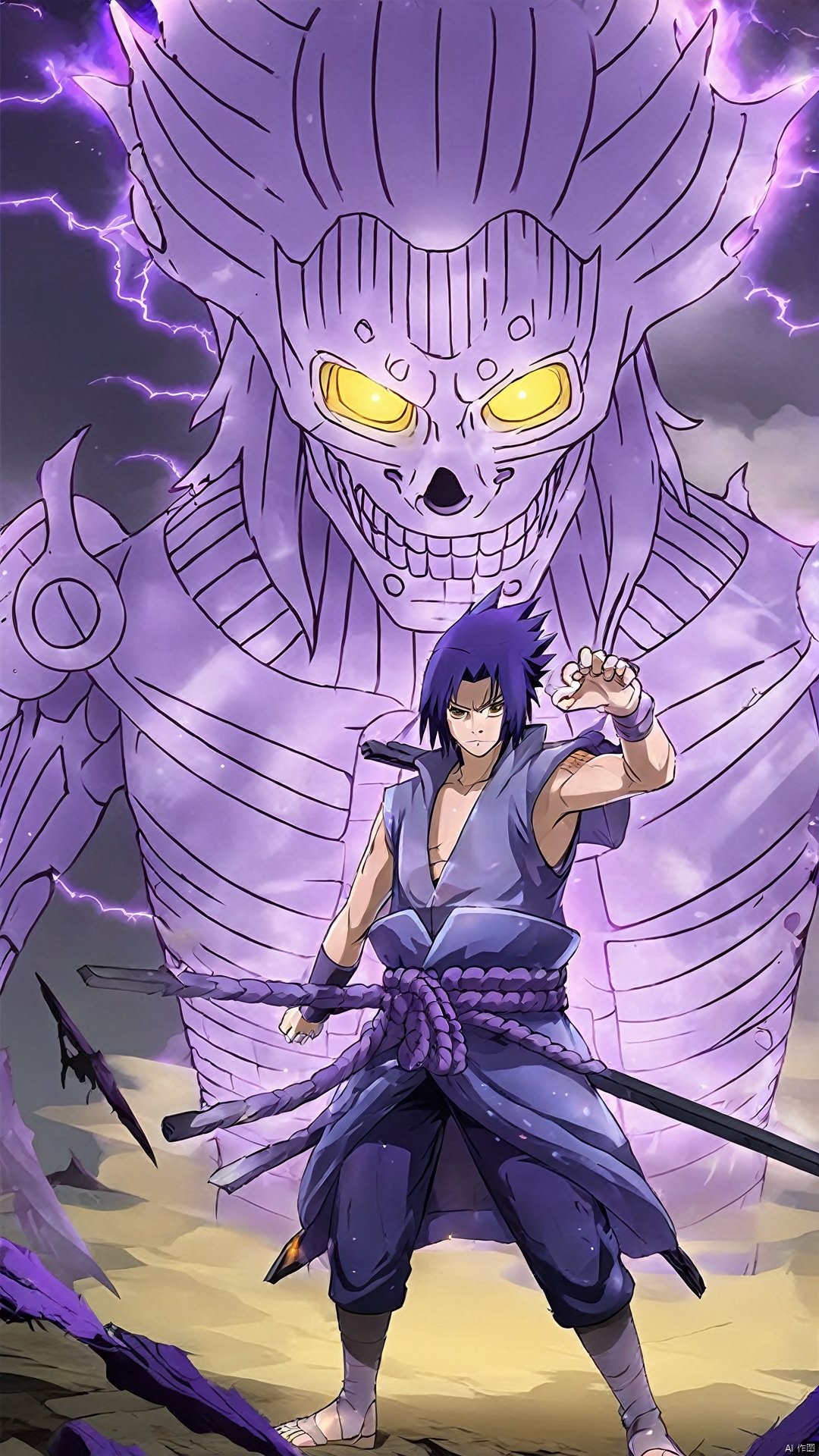 ash,(Anime Style: 1.5) Wide Shot (Golden Color Art) (Simple Details) The image of Susanoo and Sasuke in the skeleton stage is impressive. Susanoo takes on a frightening appearance at this stage. Its armor looks decayed and damaged, full of a sense of decadence. The mysterious runes on the armor glowed with a dark purple light. Xu Nenghu's head was still covered by the hood, but at this time, the eyes under the hood looked colder and more incredible, and his eyes seemed to contain more wisdom. Its sword becomes more twisted, and a skull pattern may appear on the blade, ash