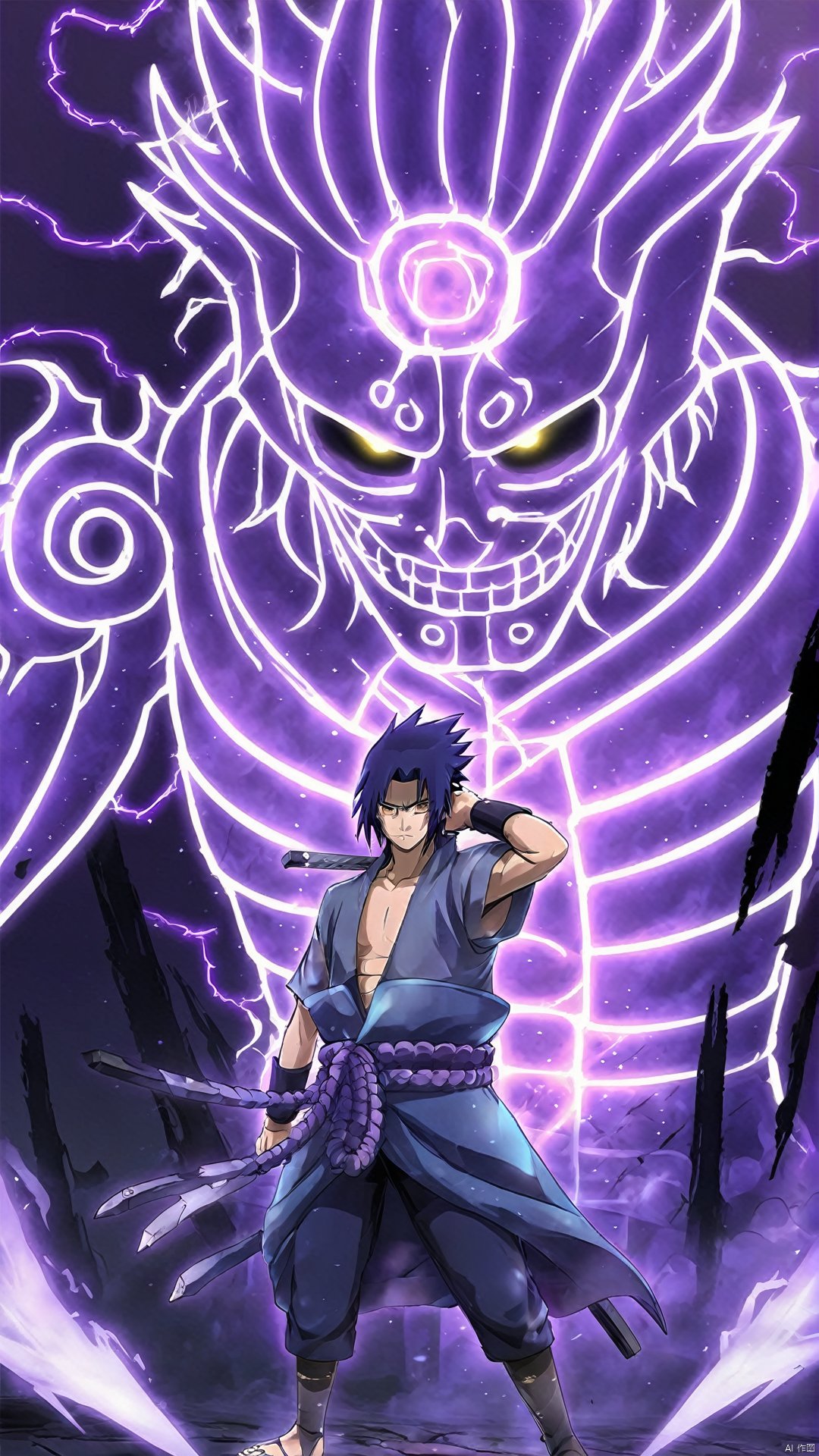 ash,(Anime Style: 1.5) Wide Shot (Golden Color Art) (Simple Details) The image of Susanoo and Sasuke in the skeleton stage is impressive. Susanoo takes on a frightening appearance at this stage. Its armor looks decayed and damaged, full of a sense of decadence. The mysterious runes on the armor glowed with a dark purple light. Xu Nenghu's head was still covered by the hood, but at this time, the eyes under the hood looked colder and more incredible, and his eyes seemed to contain more wisdom. Its sword becomes more twisted, and a skull pattern may appear on the blade, ash