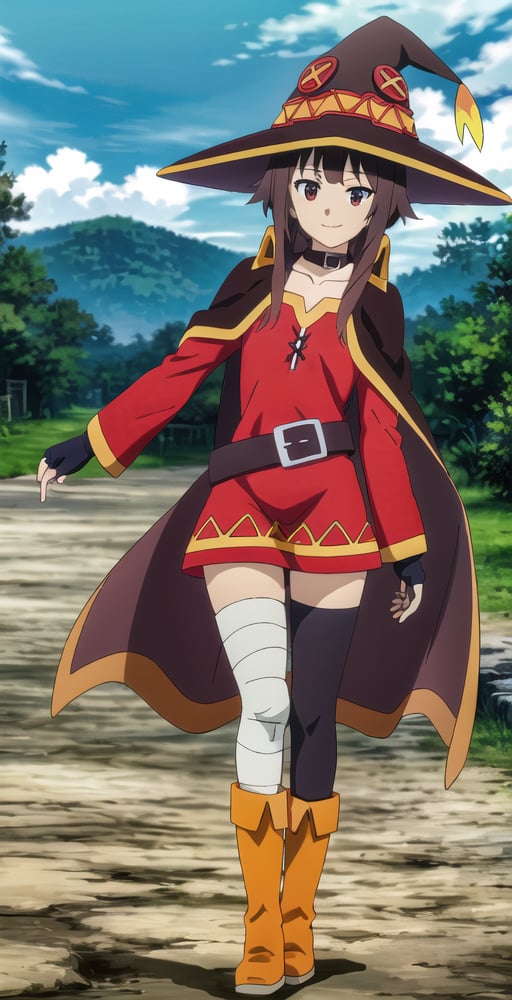 MeguminV2, 1girl, solo, full body, looking at viewer, smile, arch wizard outfit, dress, witch hat, choker, cape, fingerless gloves, bandaged leg, single thighhigh, boots, town, perfect quality, good quality, masterpiece, HDR, UHD <lora:Megumin V2-000003:0.8>