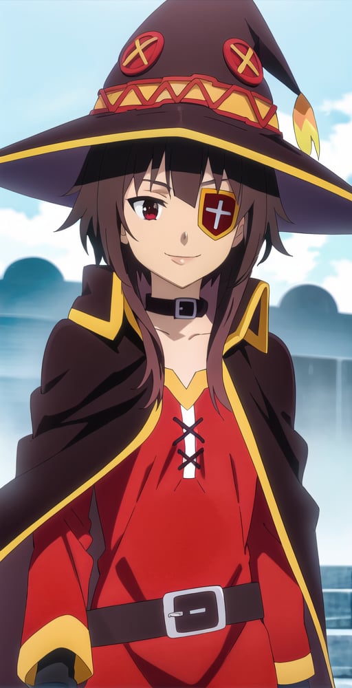 MeguminV2, 1girl, solo, upper body, looking at viewer, smile, arch wizard outfit, dress, witch hat, choker, cape, fingerless gloves, eyepatch, perfect quality, good quality, masterpiece, HDR, UHD <lora:Megumin V2-000003:0.75>