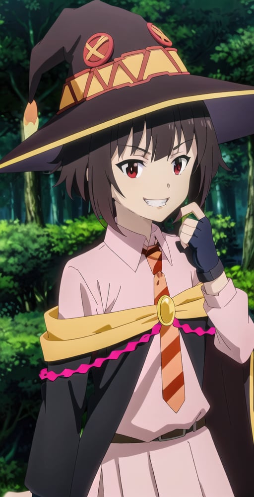 MeguminV2, 1girl, solo, portrait, upper body, looking at viewer, grin, crimson demon uniform, witch hat, necktie, pink shirt, off shoulder cloak, skirt, belt, fingerless gloves, angle, outside, forest, perfect quality, good quality, masterpiece, HDR, UHD <lora:Megumin V2-000003:0.8>