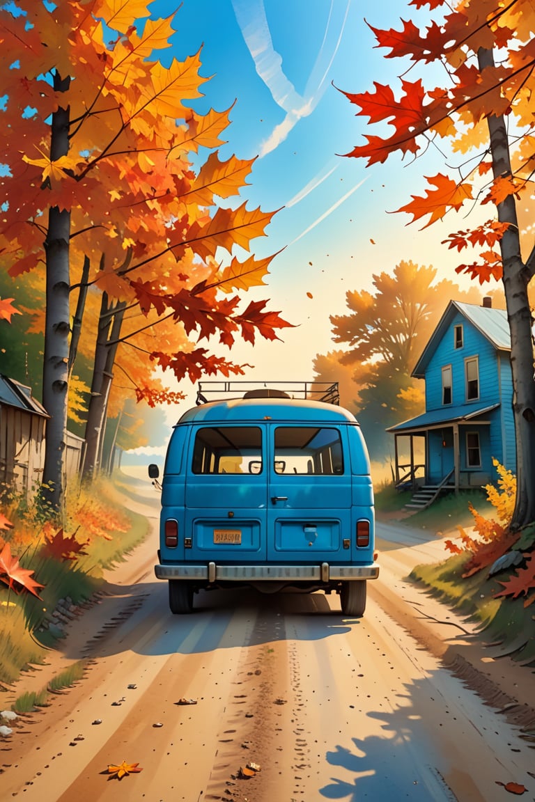 panorama, dreamy vibes art style, a van, dust deposit, backroad, maple leaves, torrid, watercolor, masterpiece, comics page, crystal clear blue sky, dusty, music, , dust, flat colors, paper texture, golden hour, old, abandoned, in memory,  finality, ending, homesickness, back view