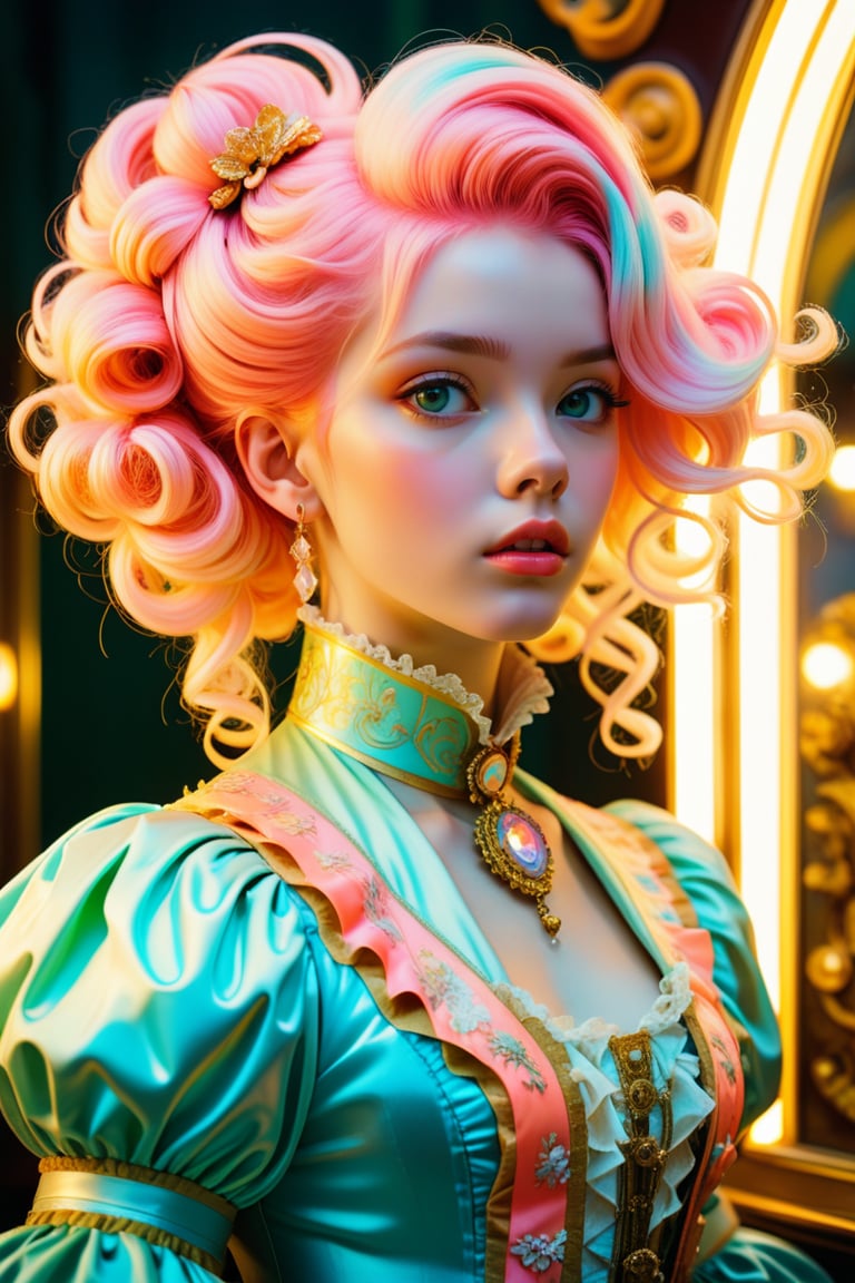 anime_artwork, rococo, grand_photograph, polaroid, annoyed_girl, neon_glowing_hair, canon_5d_mark_4, neon_light, kodak_ektar, flamboyant, pastel_colors, curved_lines, elaborate_detail, rococo, art by j.c. leyendecker